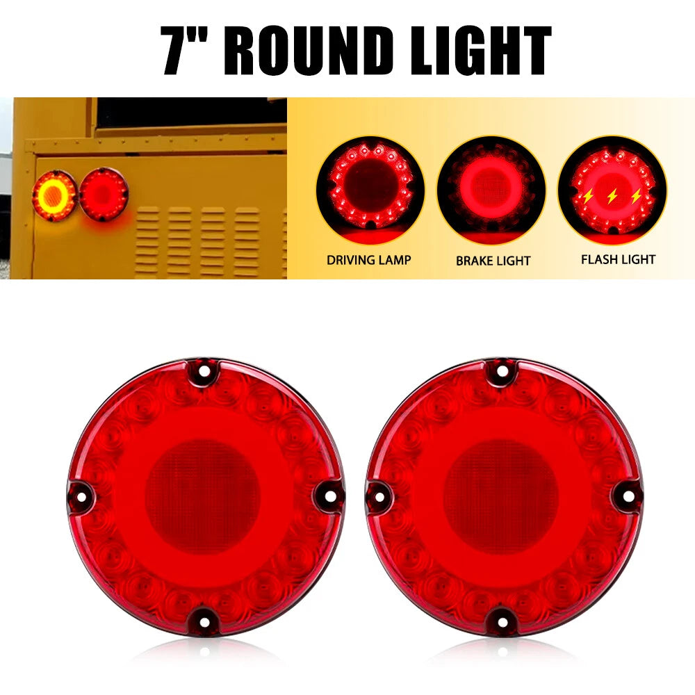 2pc 7" Round Red 36-LED Tail Light for School Bus Transit Vehicles