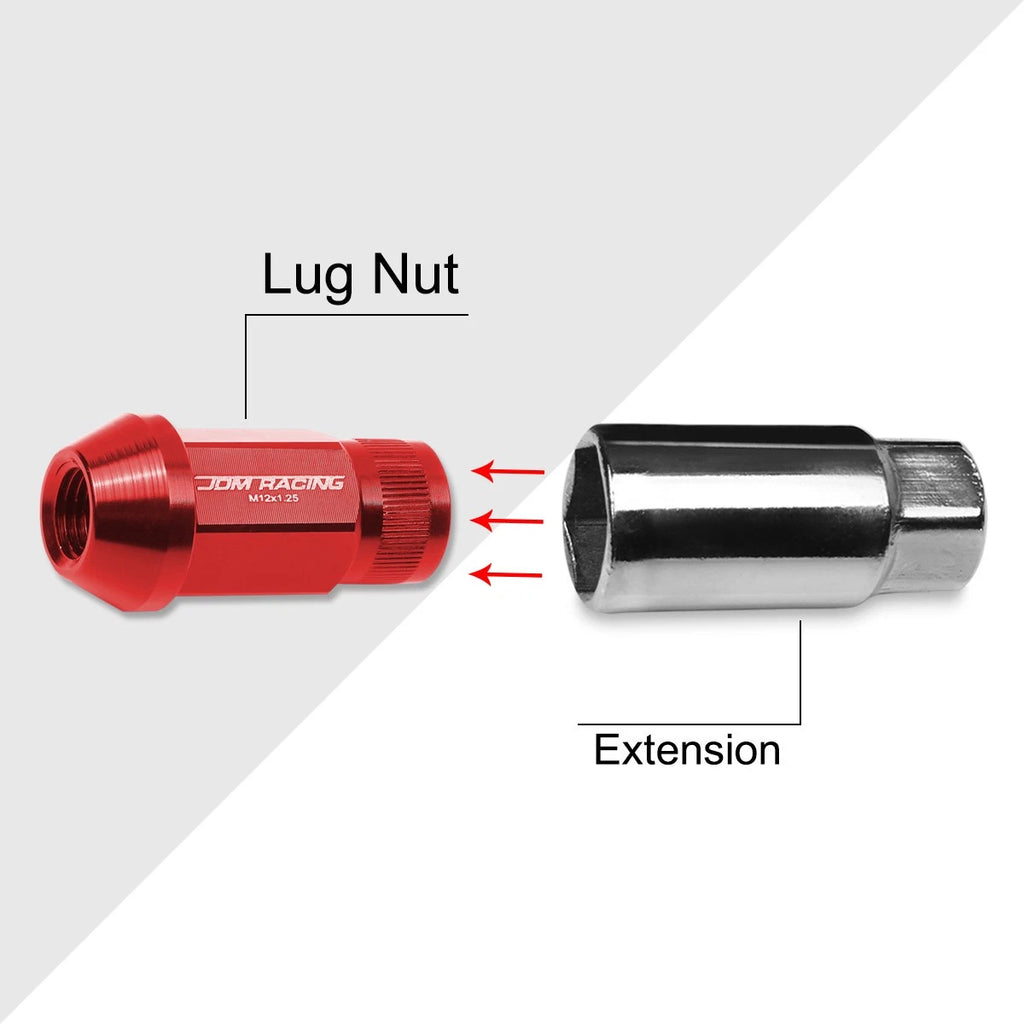 Set of 20 M12X1.25 Red JDM Open End Bulge Hex Wheel Lug Nuts + Extension 25mm