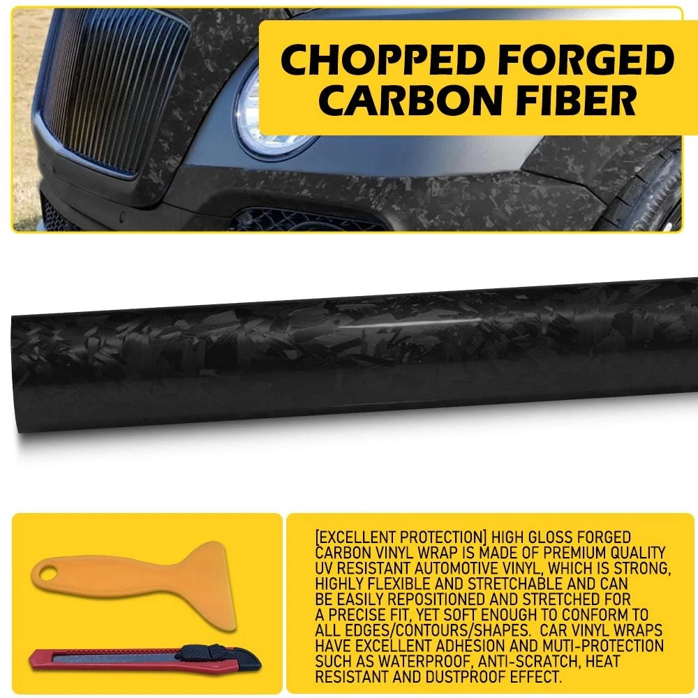 24K Chopped Gloss Forged Carbon Fiber Black Vinyl Wrap for Car