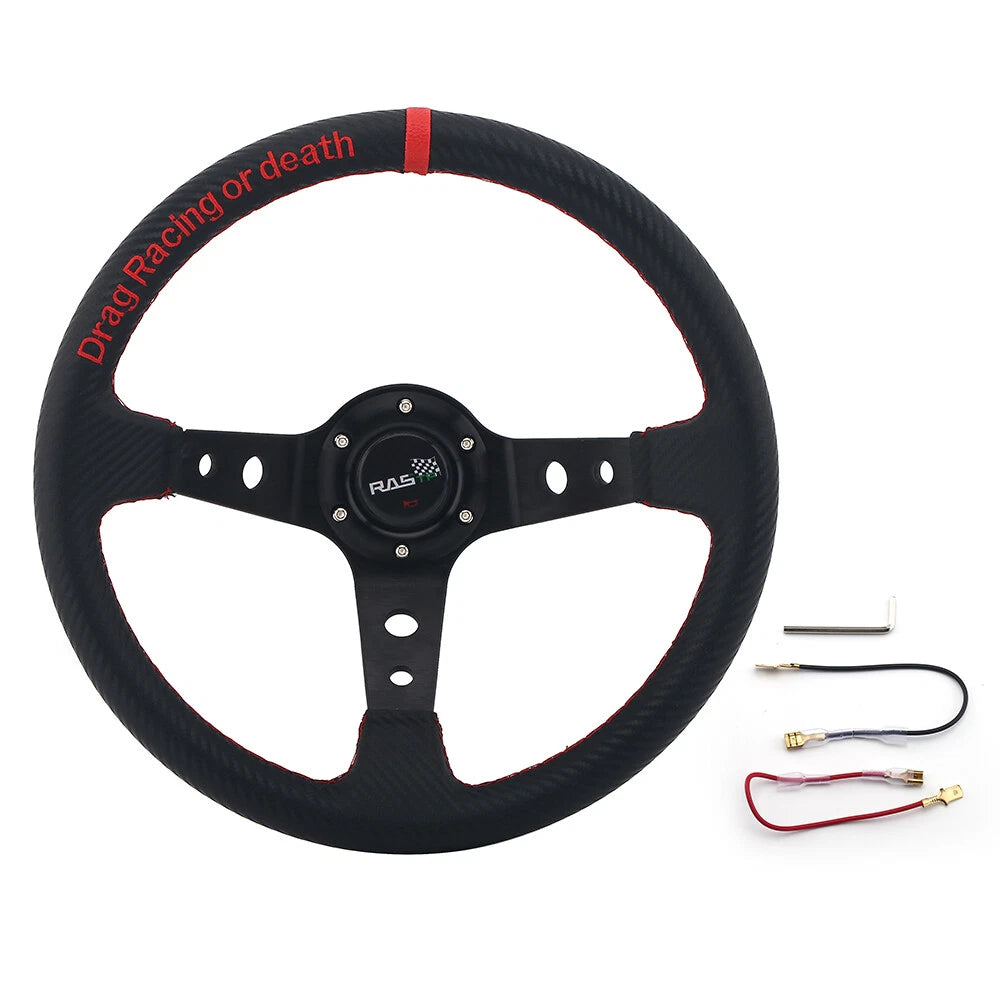 14" 345mm Deep Dish Carbon Fiber Leather Steering Wheel for Universal Fit