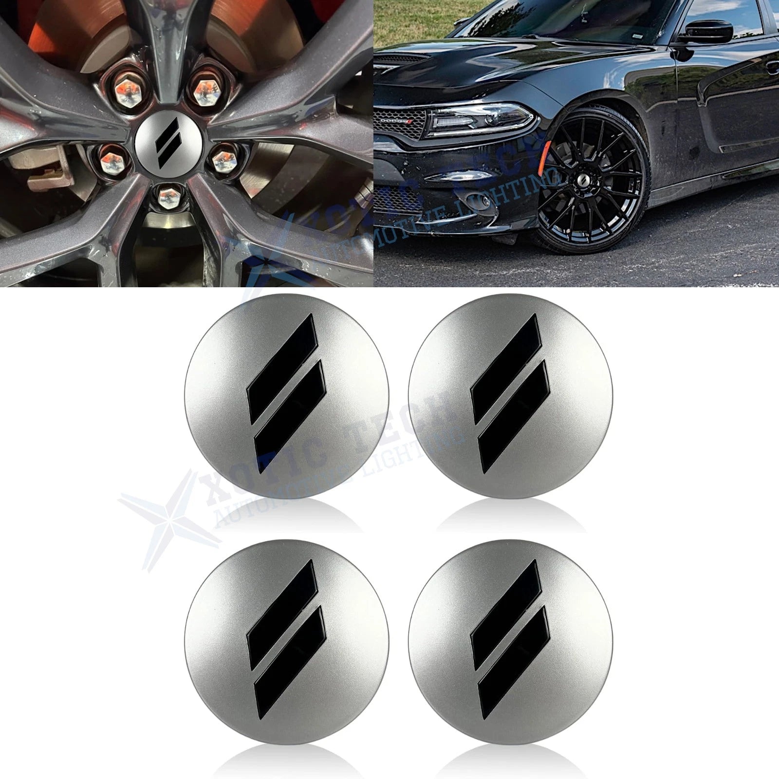 4PC 63mm Slash Rim Center Cap Covers for Dodge (2.5" Silver/Black)