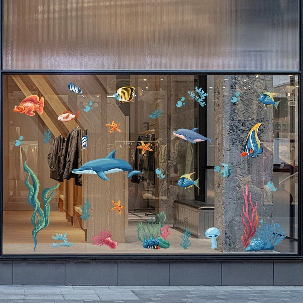 Static Cling Blue Cartoon Sea Animal for Kitchen Bathroom Glass Door