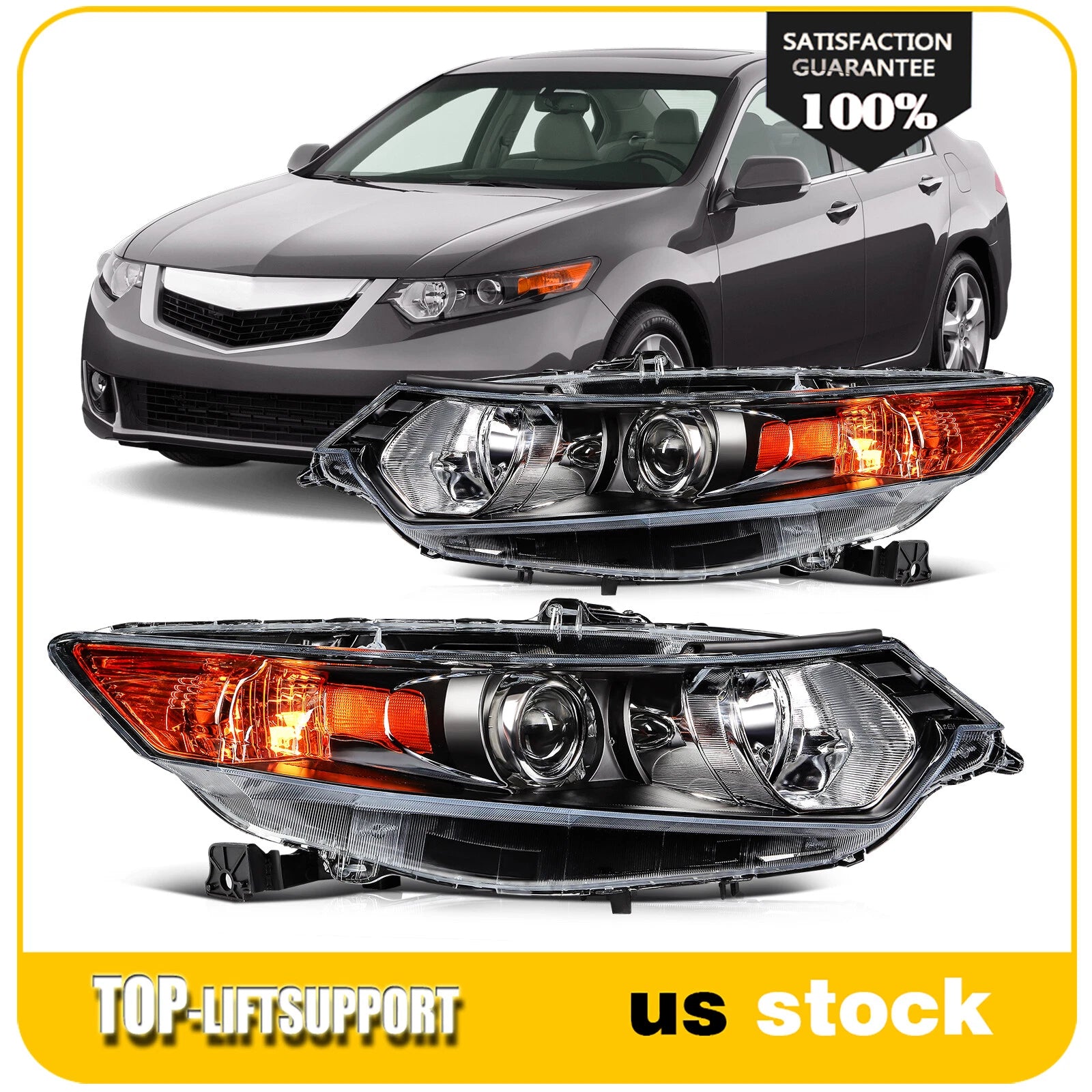 Headlight Assembly for Acura TSX (2009–2014) Black Amber HID Projector Pair