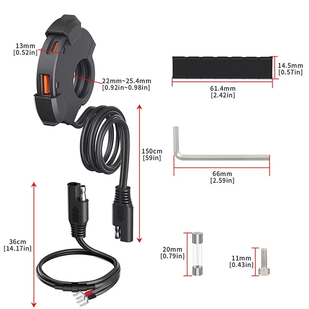 Dual USB Fast Charger Adapter for Motorcycle (12V-24V) - QC 3.0 Type-C