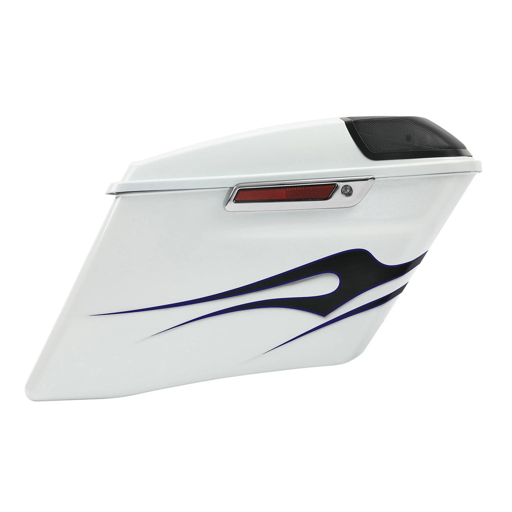4" Saddlebag for Harley Touring (2014–Present) White Amethyst Black Licorice Flames