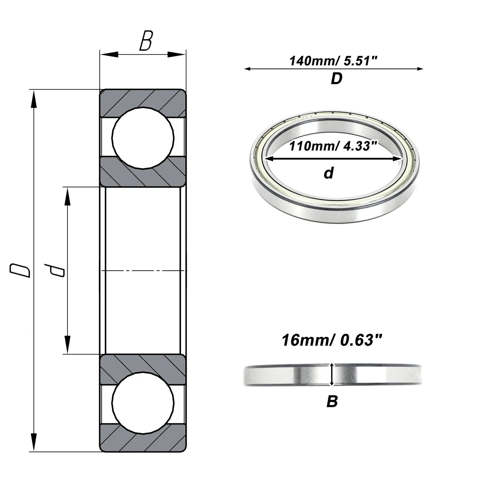 Deep Groove Ball Bearing 6822ZZ for Scooter Skateboard Wheel (110x140x16mm)
