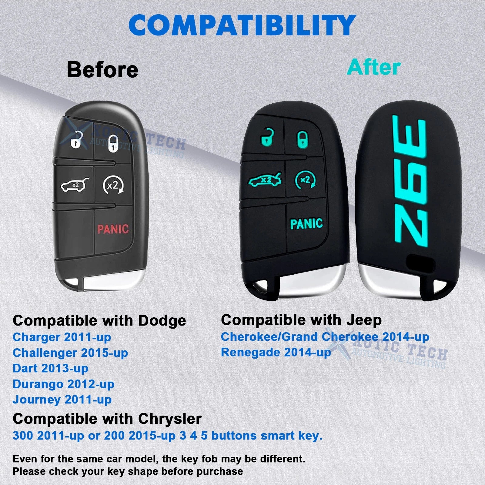 Cyan 392 Silicone Remote Key Chain Shell Cover for Jeep Chrysler Dodge (2014-Up)