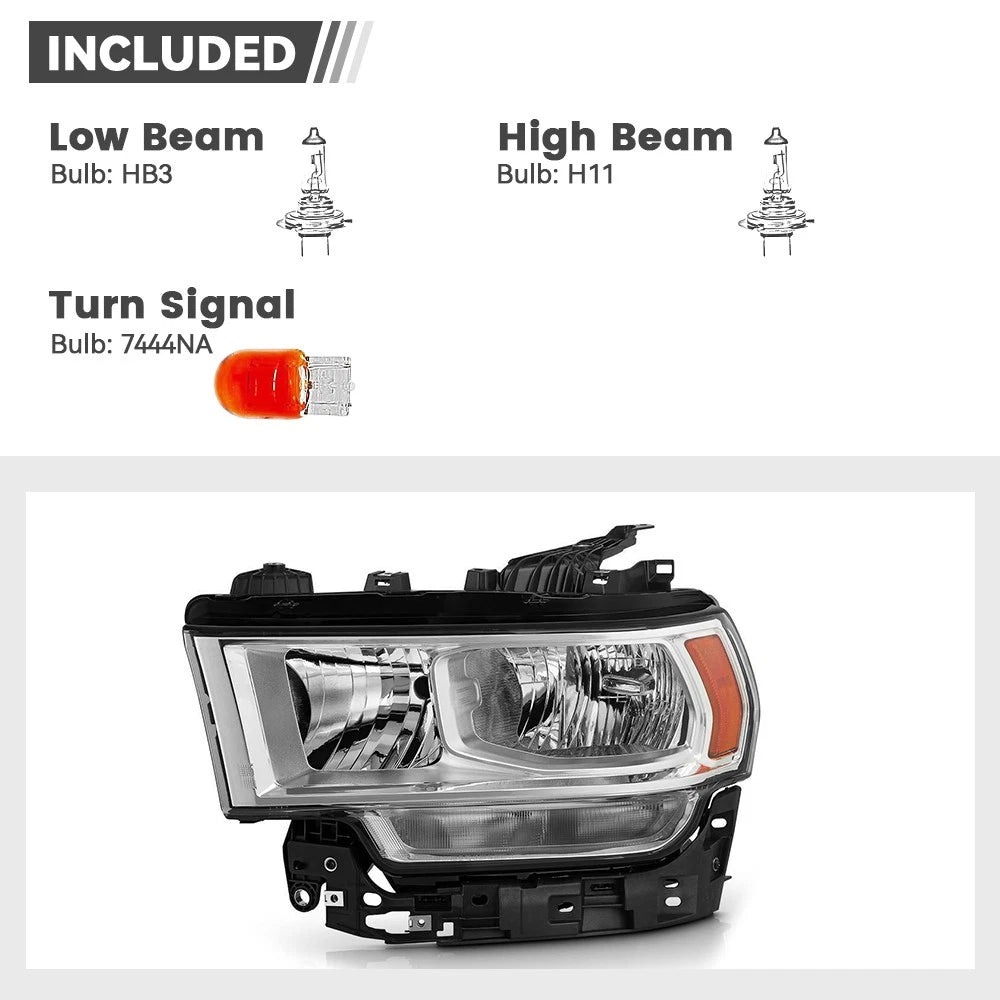 Set of 2 Halogen Headlights w/ Chrome Bezel for Ram 2500 3500 (2019–2024)