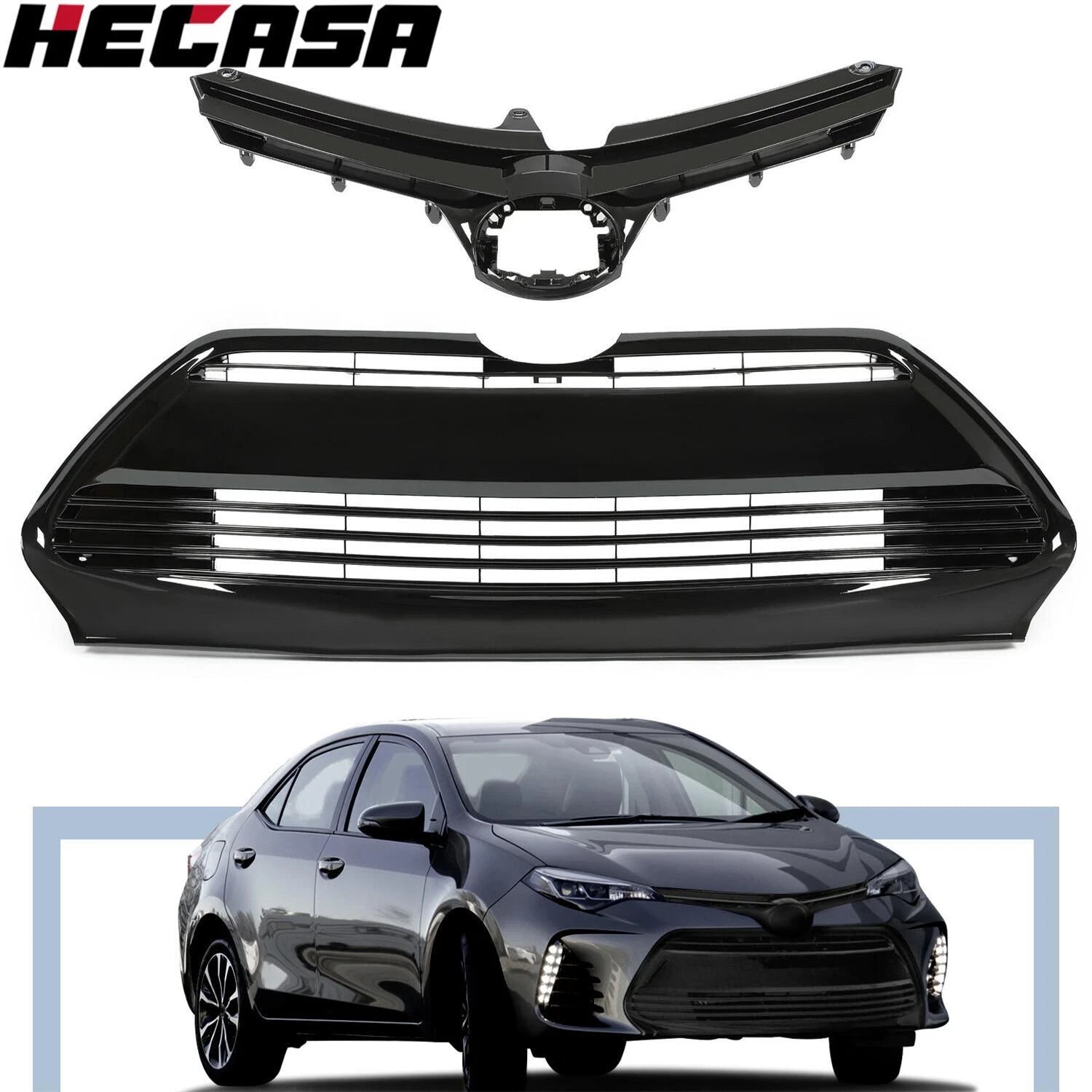 Front Bumper Upper & Lower Grille for Toyota Corolla L LE XLE CE (2017–2019)