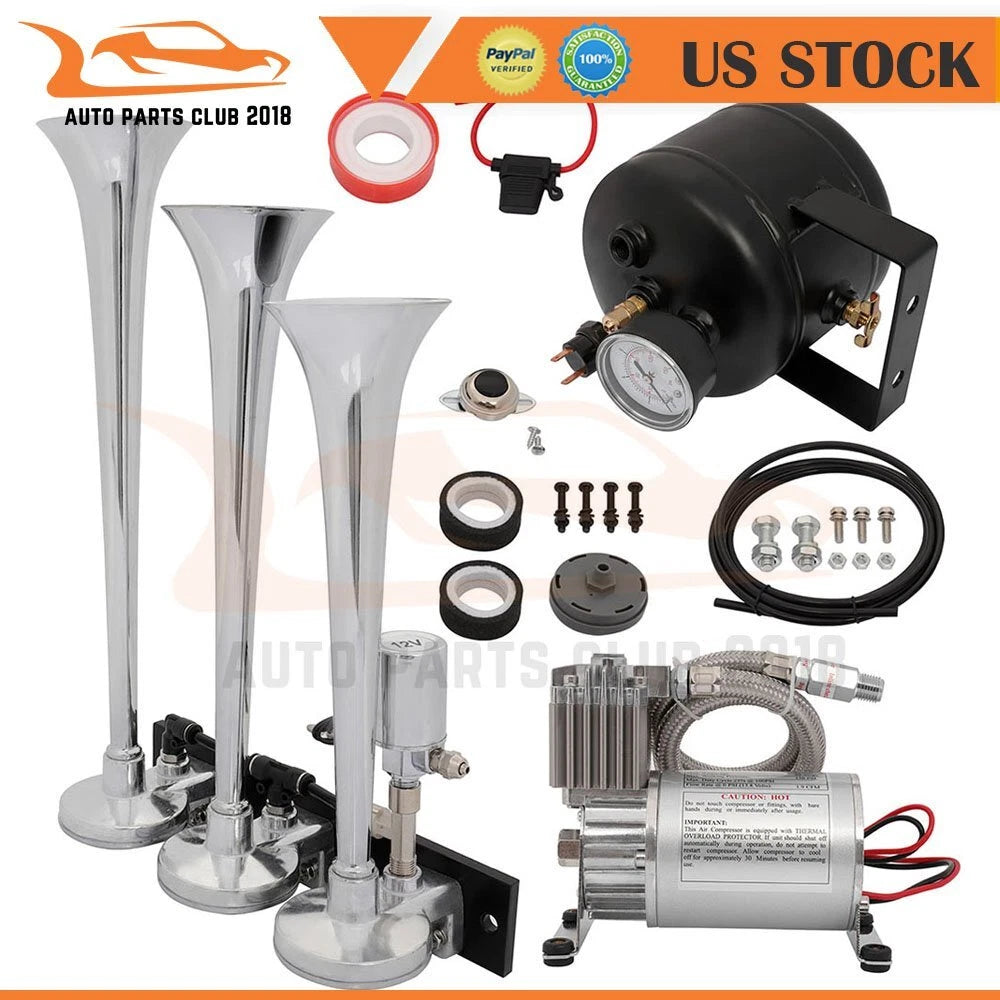 Air Horn Kit with 3 Trumpets for Truck Car (0.5G Tank, 150PSI)