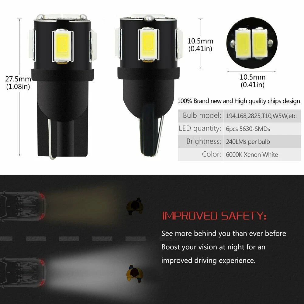 20X T10 LED Side Wedge Light Bulb for Universal Fit (194, 168, 2825)