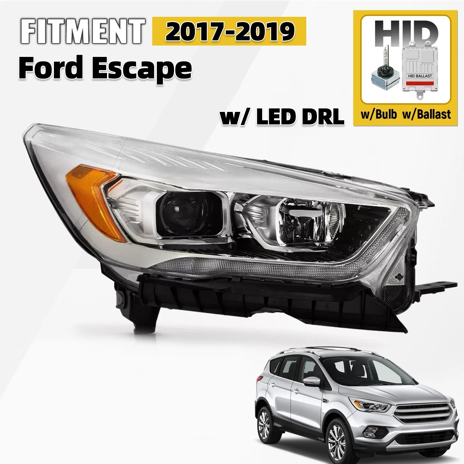 HID/Xenon Headlight for Ford Escape (2017–2019) w/LED DRL, Chrome, Right