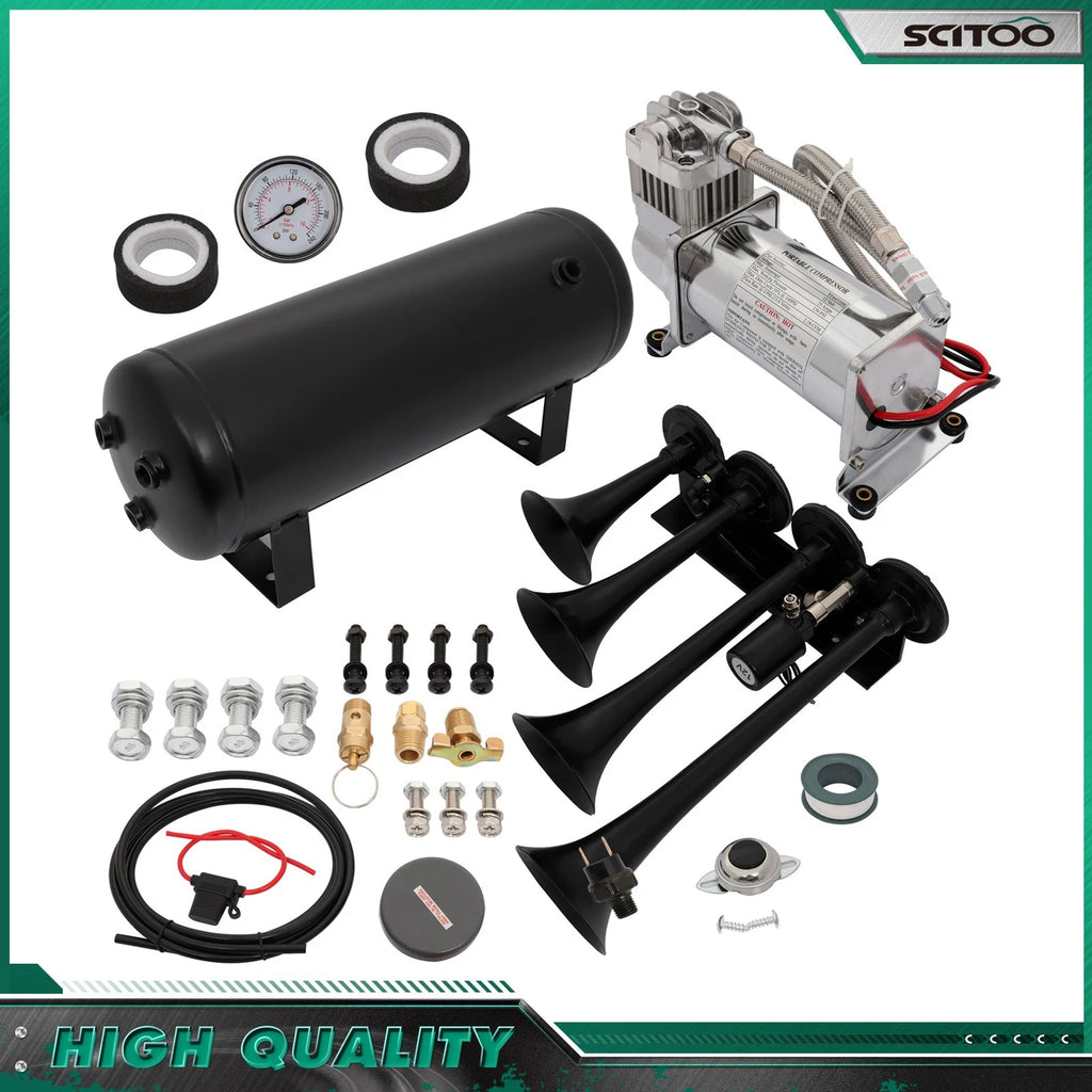 Set of 4 Trumpets Train Air Horn Kit for Car Truck Van 12V