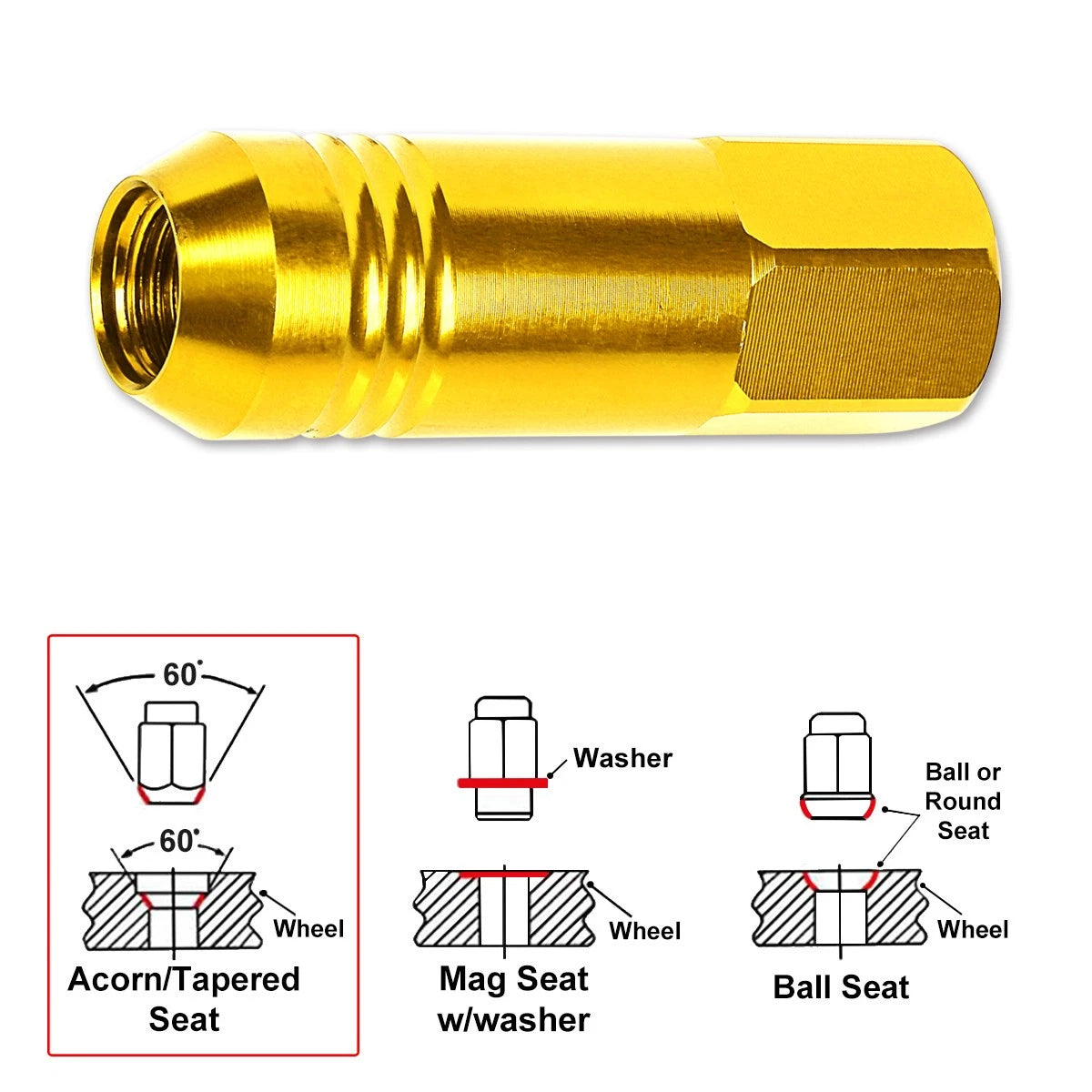 Set of 20 M12X1.25 Gold JDM Open End Conical Hex Wheel Lug Nuts + Extension 20mm x 60mm