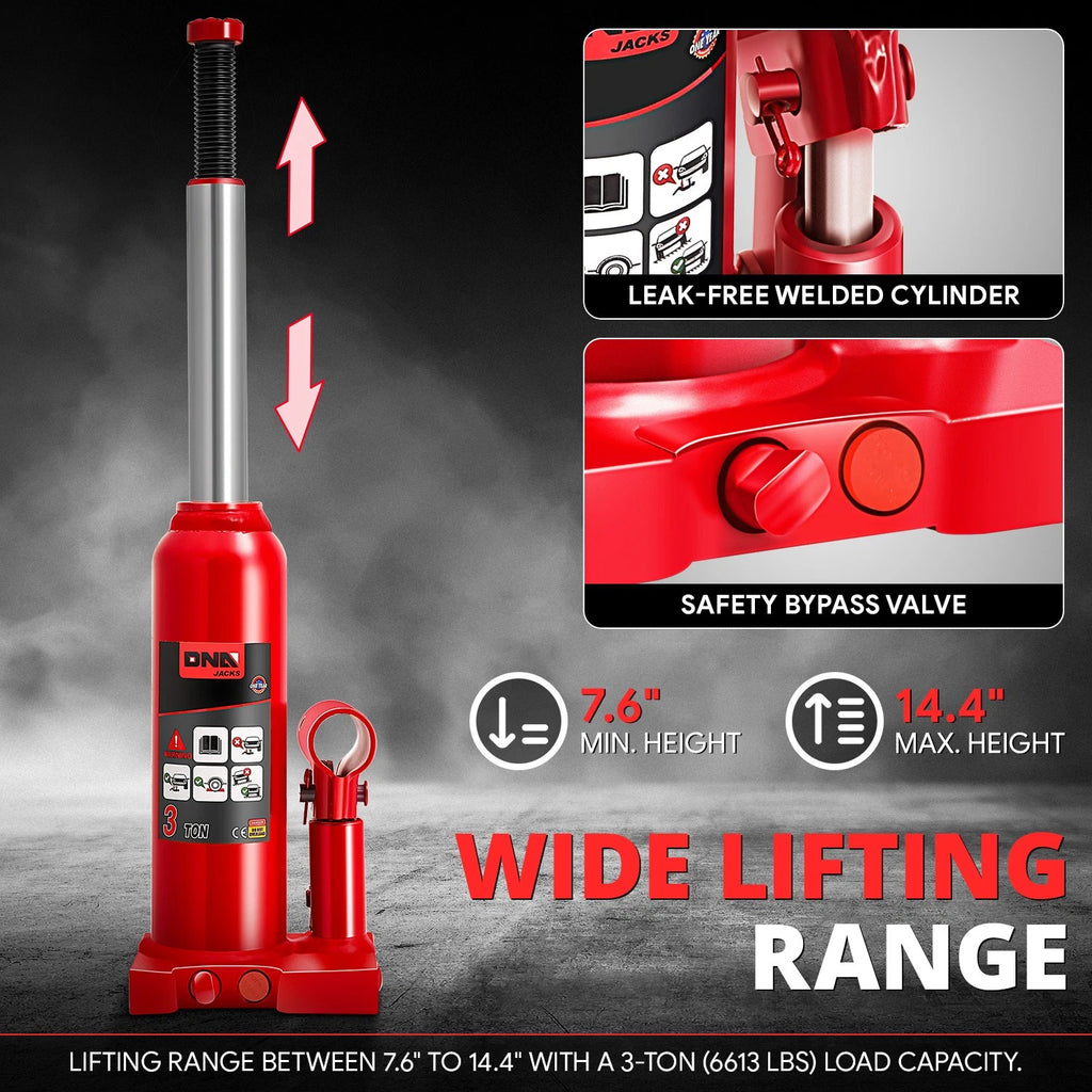 3 Ton Red 14.5" Manual Hydraulic Bottle Jack for Automotive Repair
