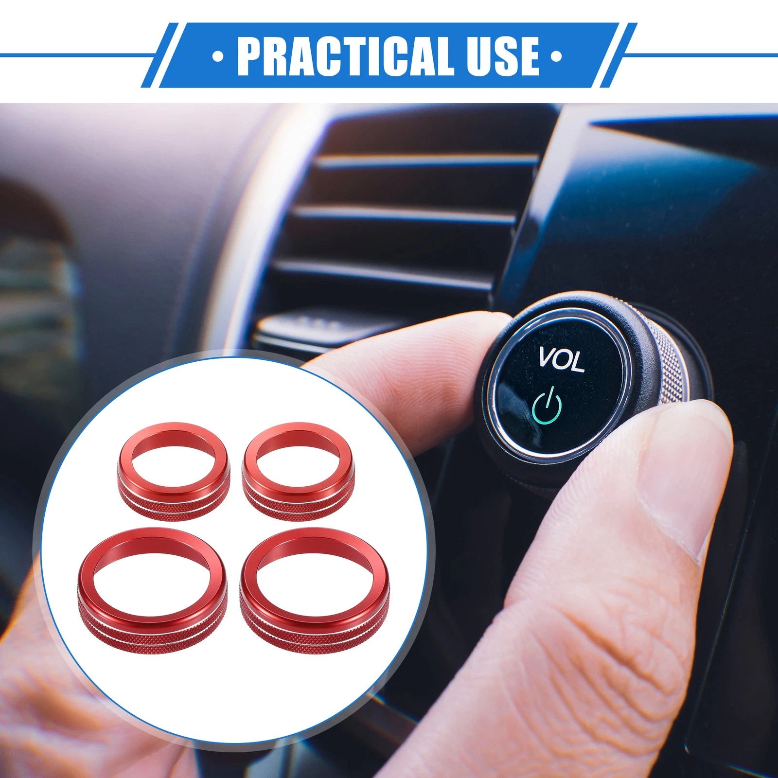 Set of 4 AC Audio Volume Tune Switch Knob Ring Covers for Ford F150 (2021–2023) Red