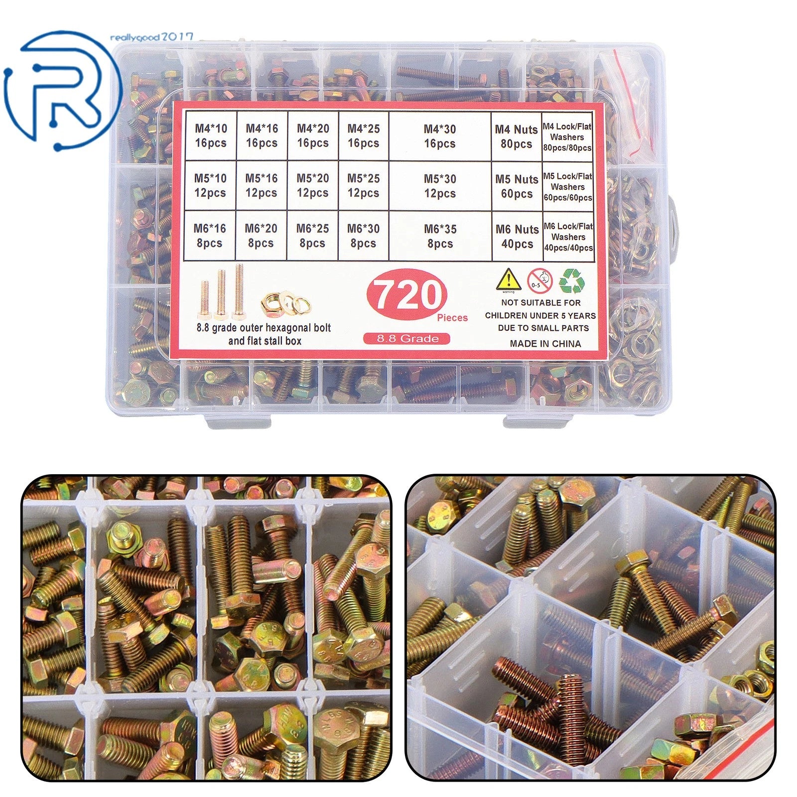 Set of 720 Hexagon Bolts, Nuts, and Washers for Automotive Use