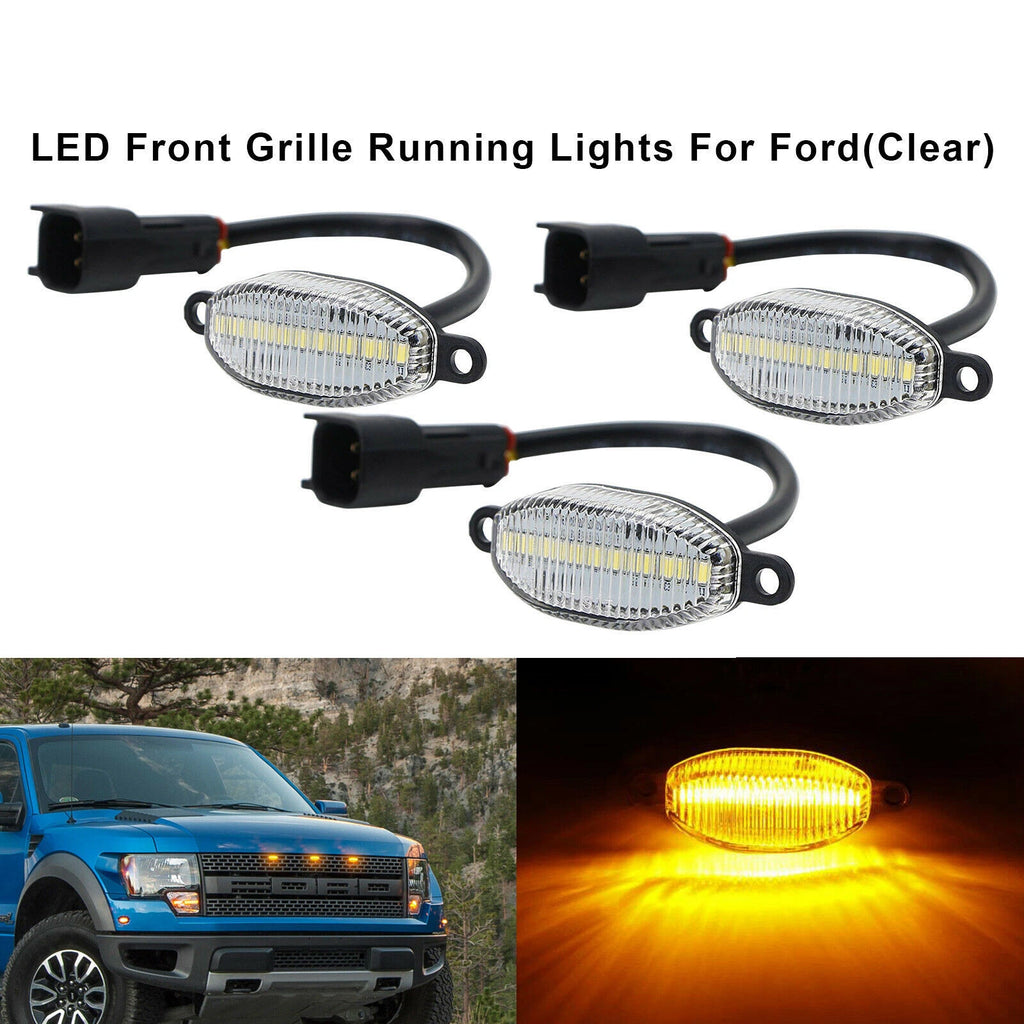 3X Clear Lens Amber LED Front Grille Running Light for Ford F150 Raptor (2010–2014)