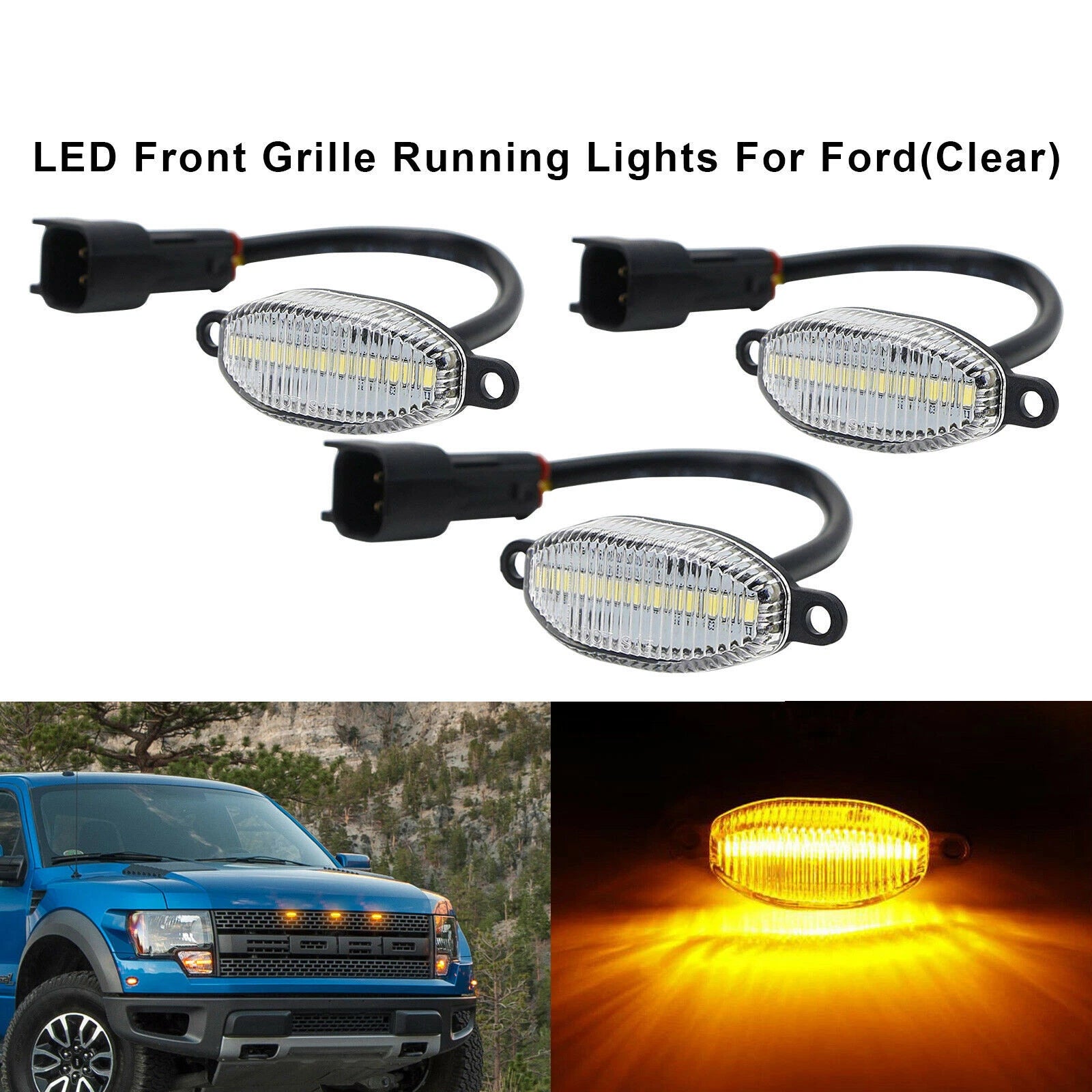 3X Clear Lens Amber LED Front Grille Running Light for Ford F150 Raptor (2010–2014)