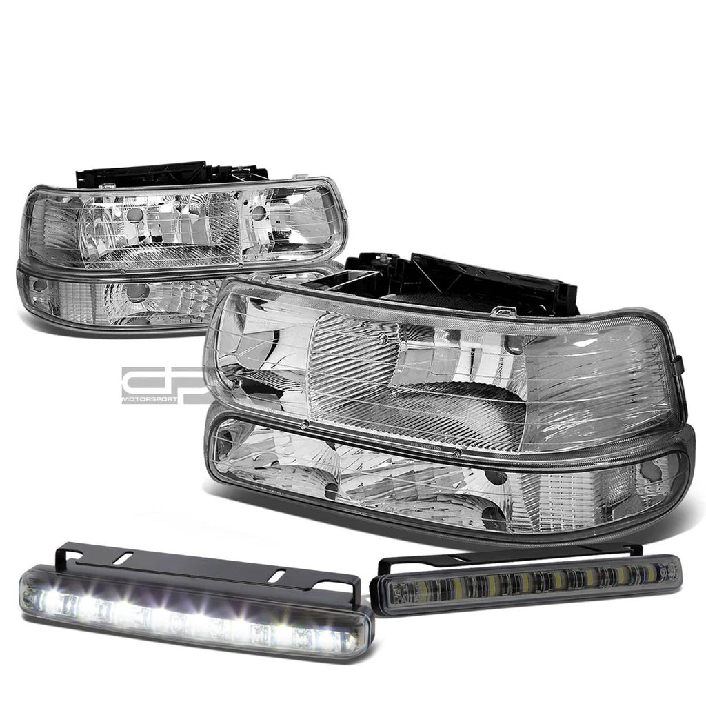 Chrome Housing Amber Headlight + Bumper Lamp + LED Fog Light Set for Silverado (1999–2002)