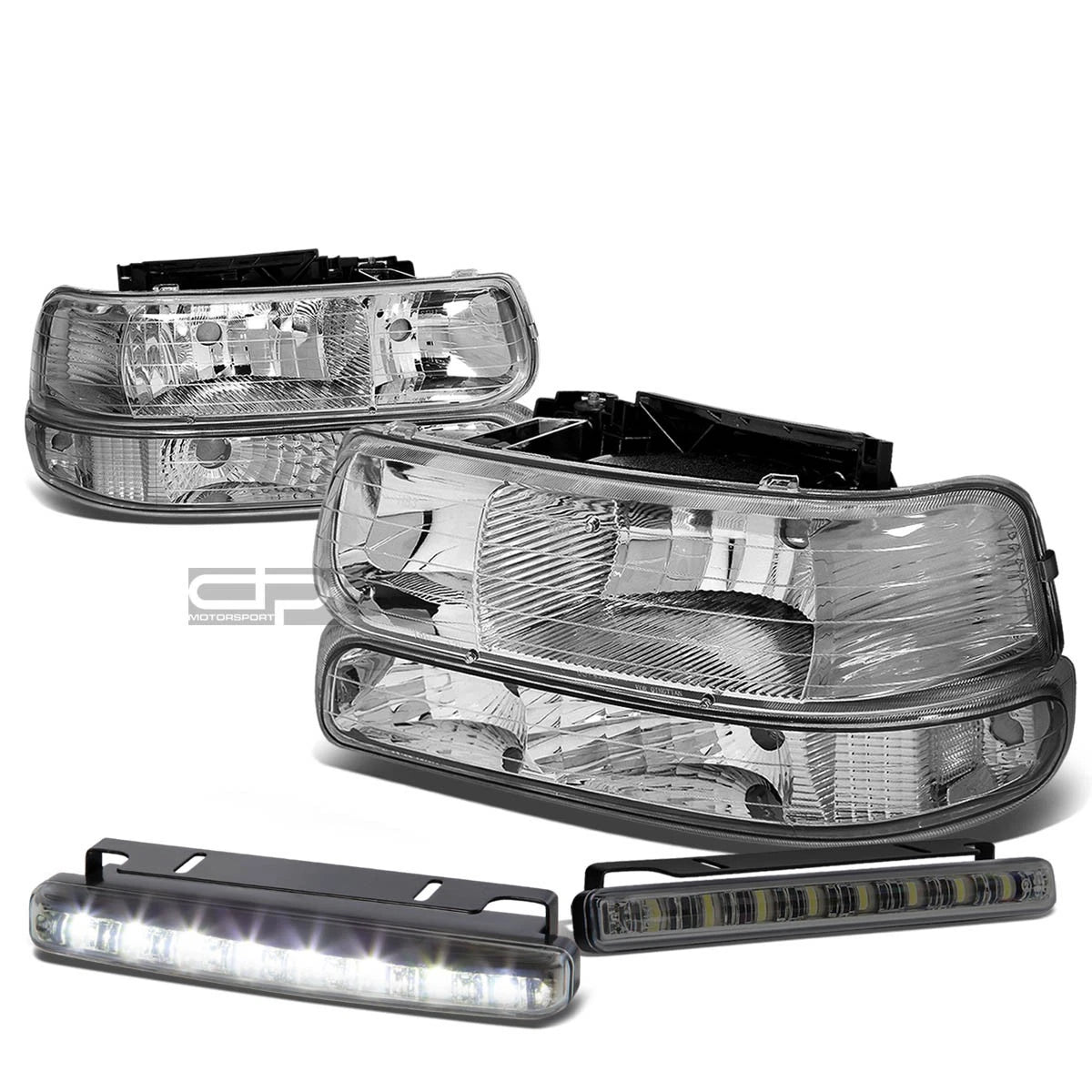 Chrome Housing Amber Headlight + Bumper Lamp + LED Fog Light Set for Silverado (1999–2002)