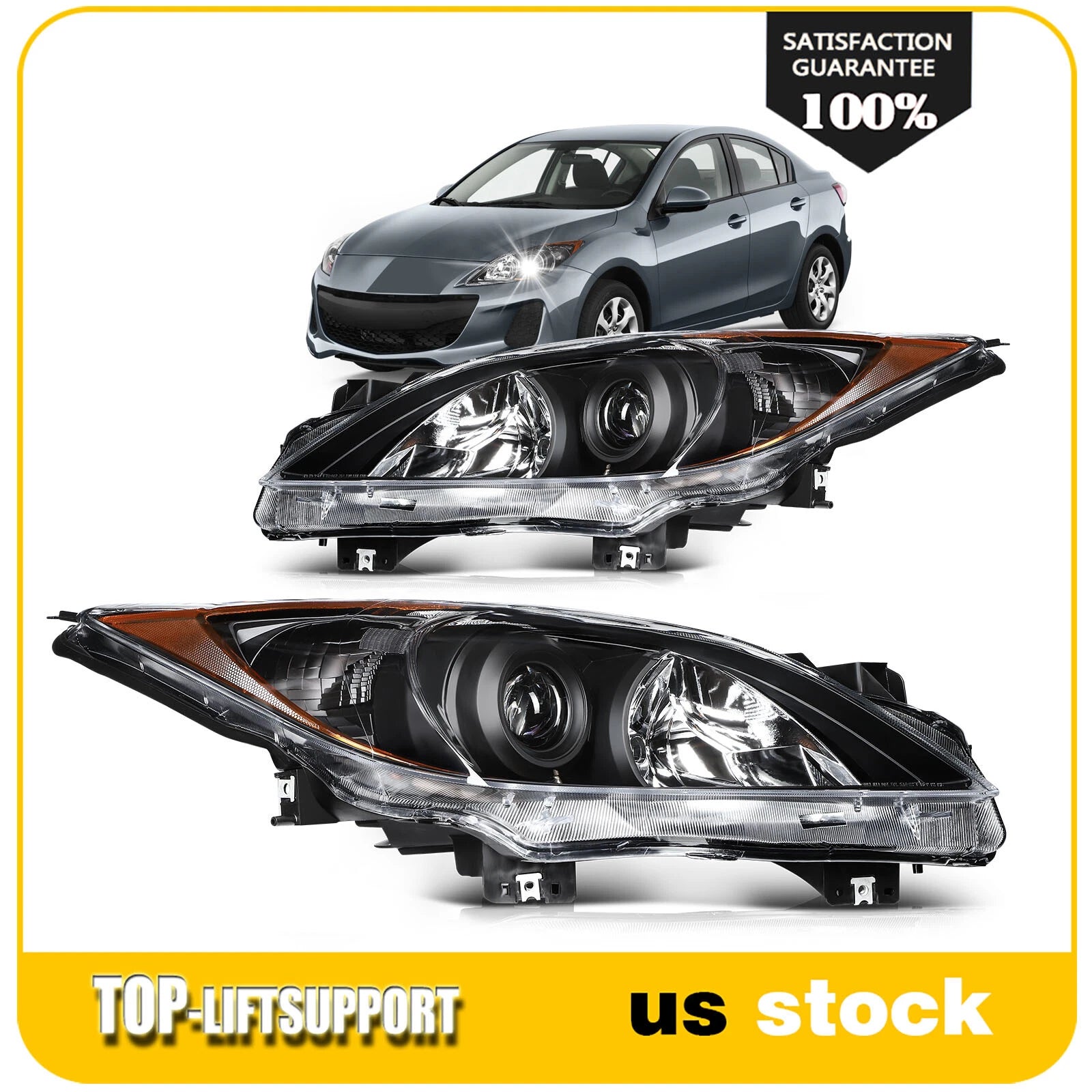 Headlight Assembly Pair for Mazda 3 (2010–2013) Black w/Amber