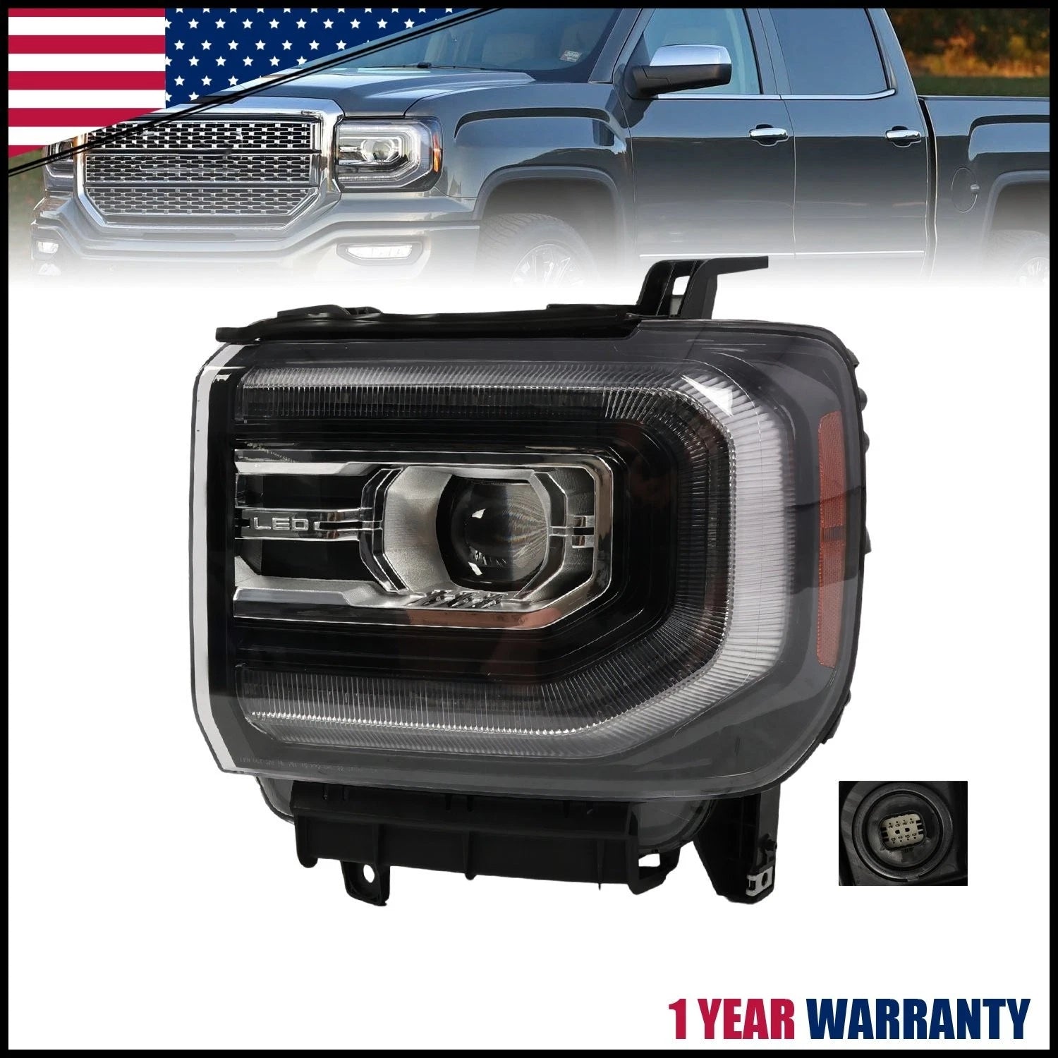 Left Full LED Projector Headlight Assembly for GMC Sierra 1500 (2016–2018)