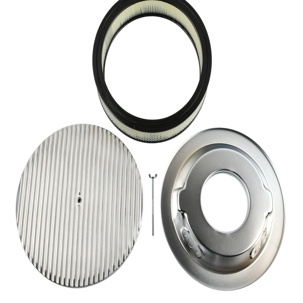 14" Oval Finned Polished Aluminum Air Cleaner Set for Chevy Ford Mopar