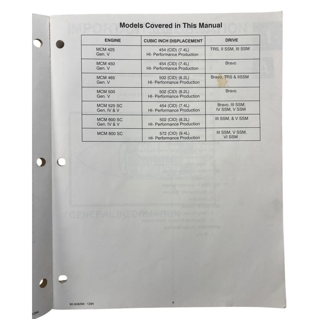 Service Manual #3 for MerCruiser GM V-8 Engines (1994) 90-848294