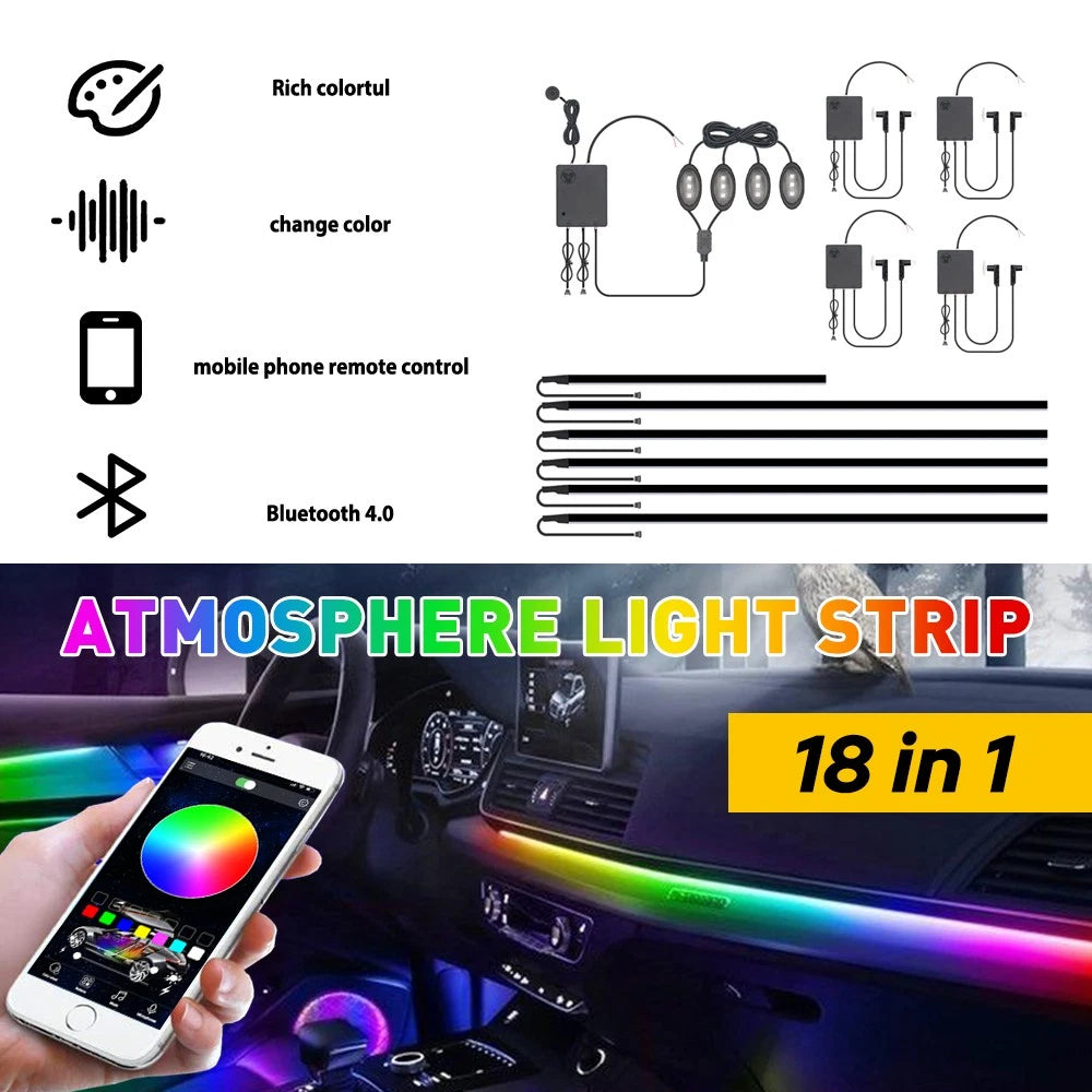 RGB Ambient Strip Lights for Car Atmosphere Decor (Waterproof)