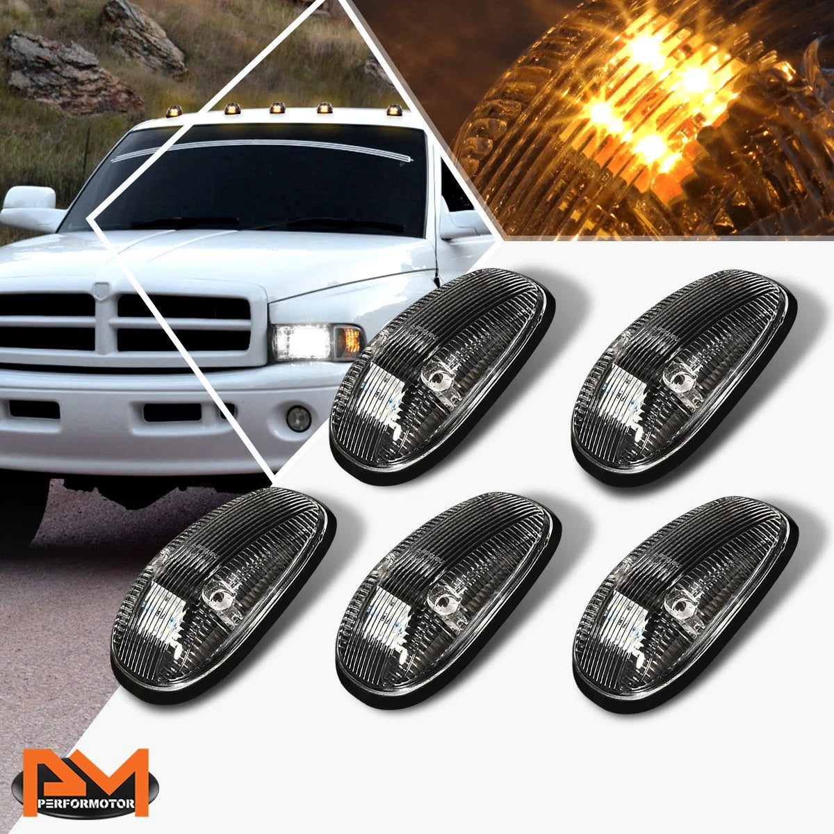 5Pcs Cab Roof Running Light Black Housing Yellow LED for Dodge Ram (1999–2001)