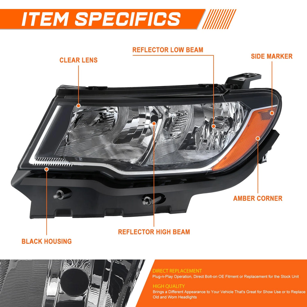 Driver Left Side Black Amber Headlight Lamp for Jeep Compass (2017–2021)