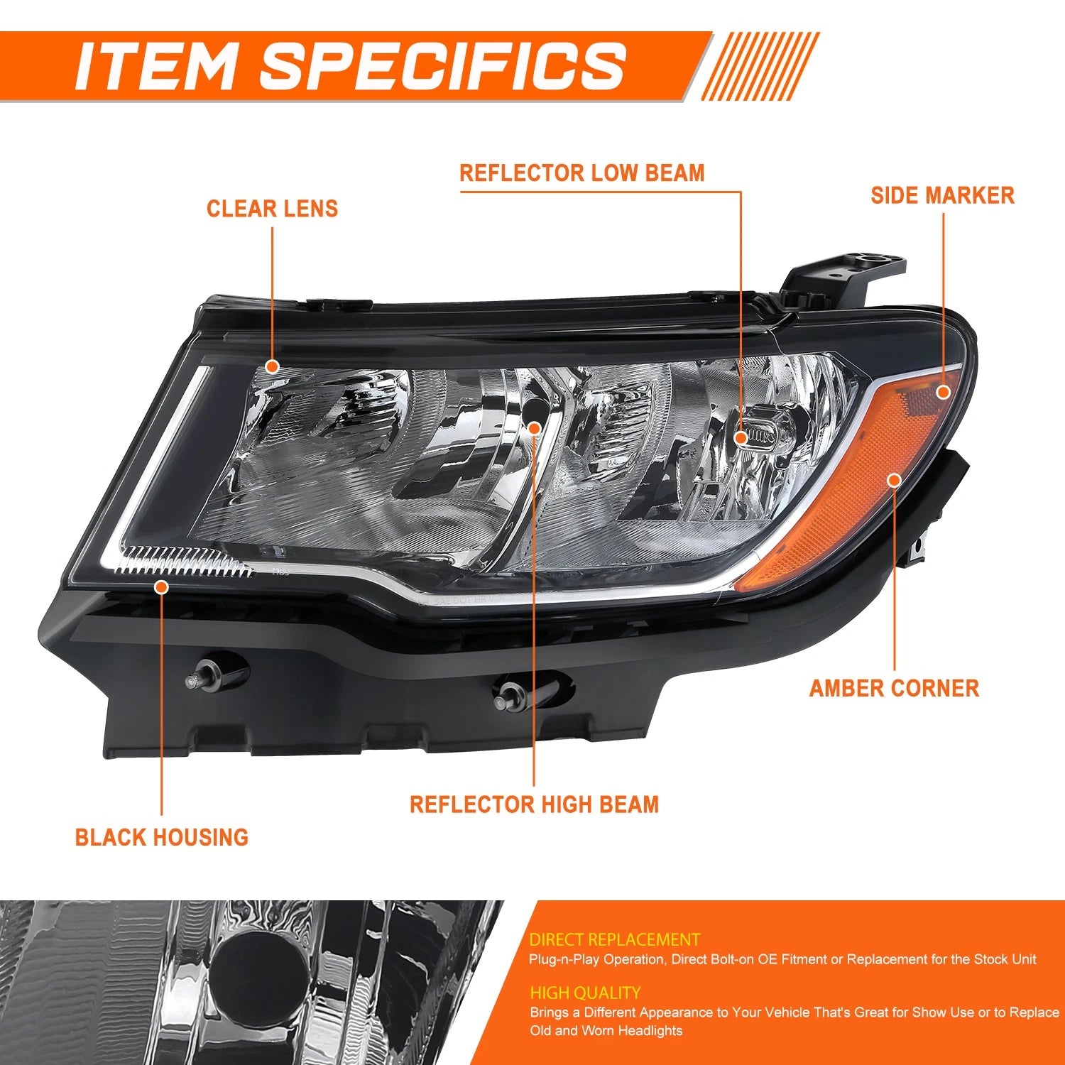 Driver Left Side Black Amber Headlight Lamp for Jeep Compass (2017–2021)