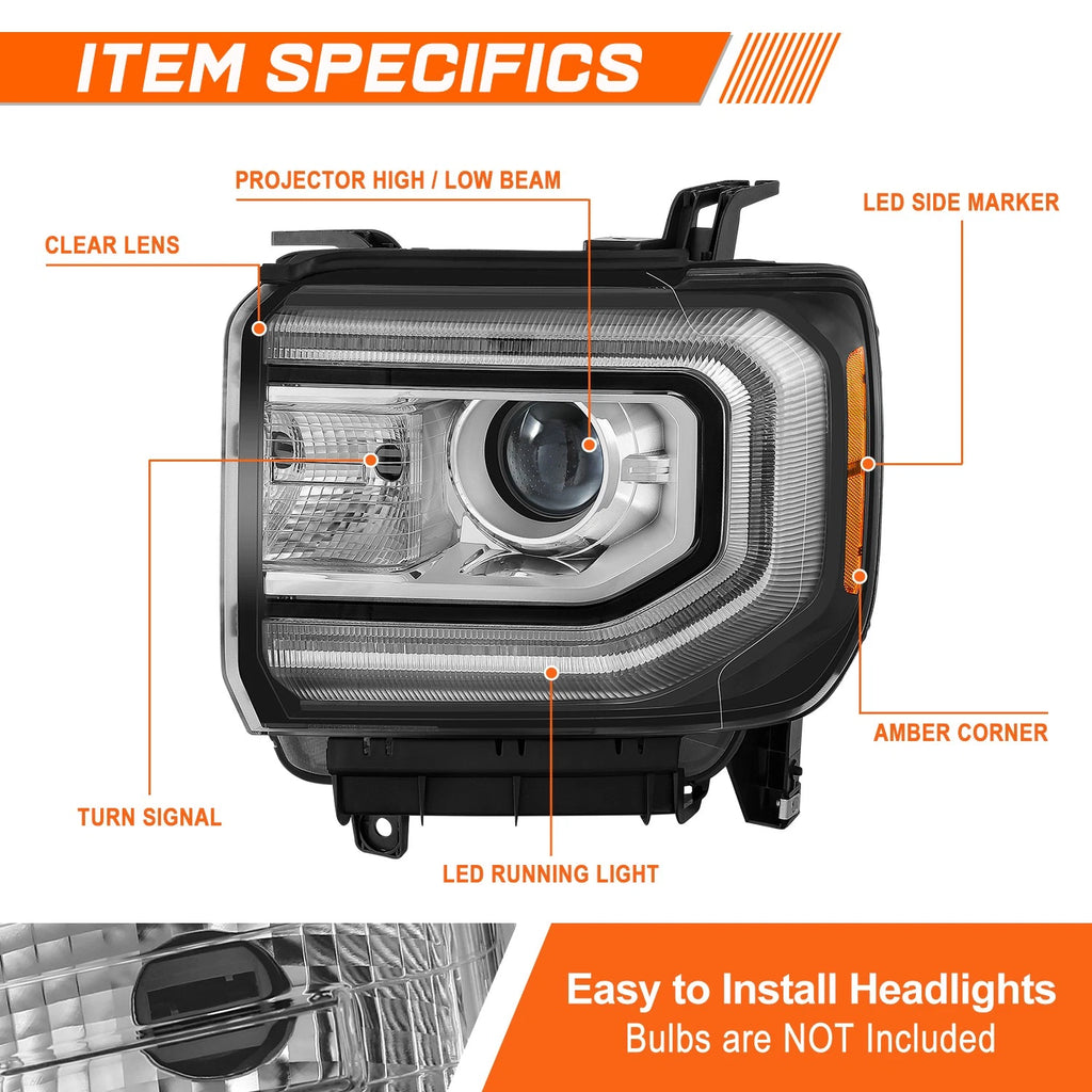 OE Style Black/Amber HID Projector Headlight for GMC Sierra 1500 (2016–2019)