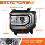 OE Style Black/Amber HID Projector Headlight for GMC Sierra 1500 (2016–2019)