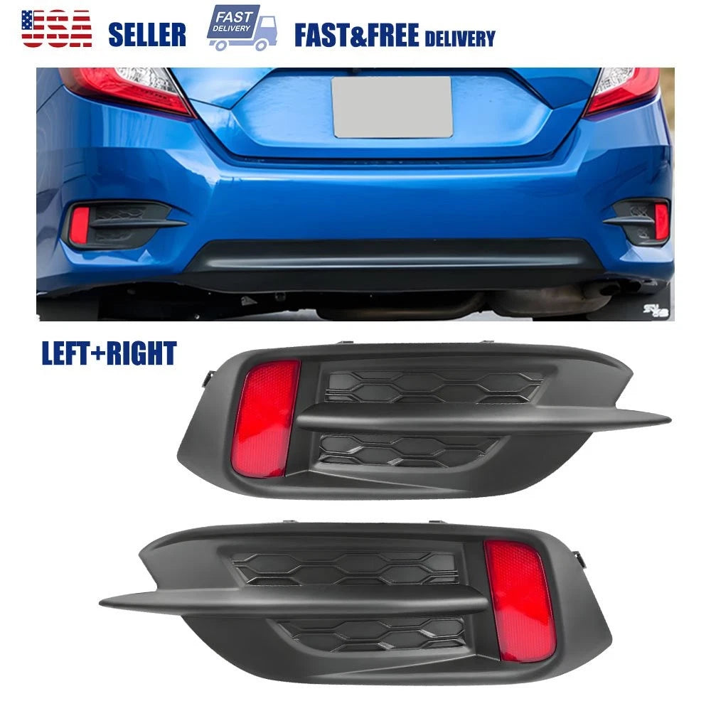Set of 2 Rear Bumper Reflectors w/Molding Cover Trim for Honda Civic Sedan (2016–2018)