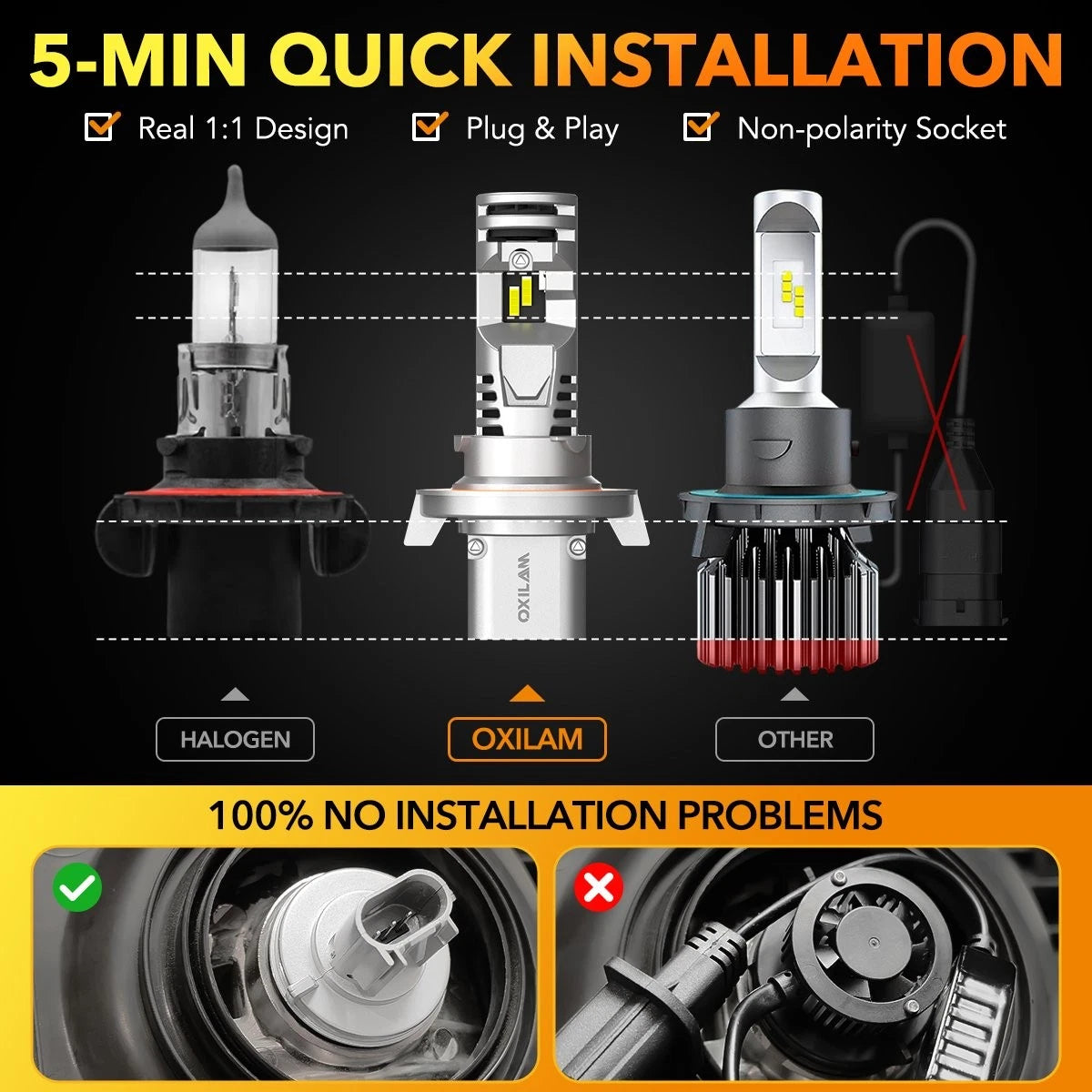 2X OXILAM H13 9008 LED Headlight Bulbs High Low Beam 80000LM 6500K for