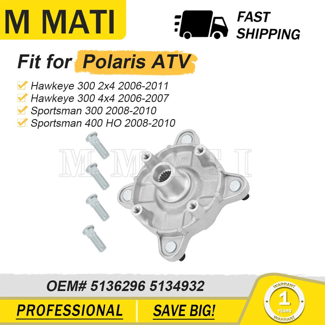 Front Wheel Hub & Studs for Polaris Hawkeye 300 2x4 (2006–2011)