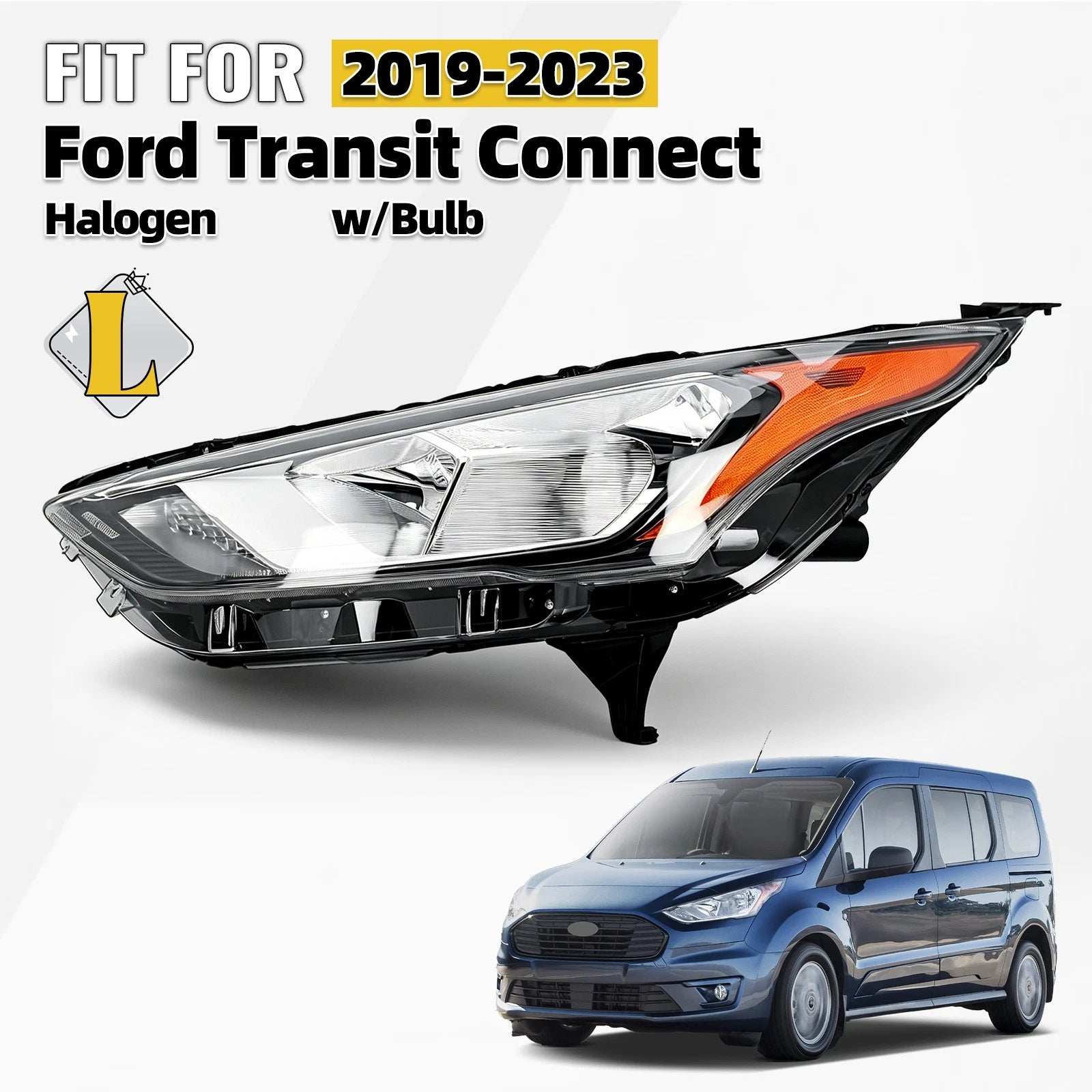 Halogen Headlight for Ford Transit Connect (2019–2023) W/ Bulbs Driver LH
