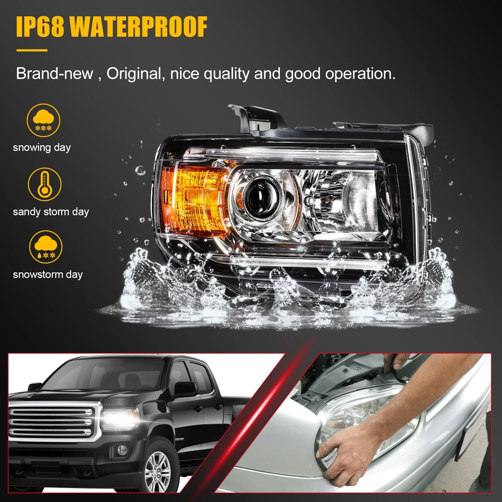 2Pcs Projector Headlights with DRL for GMC Canyon (2015–2022) Black Housing