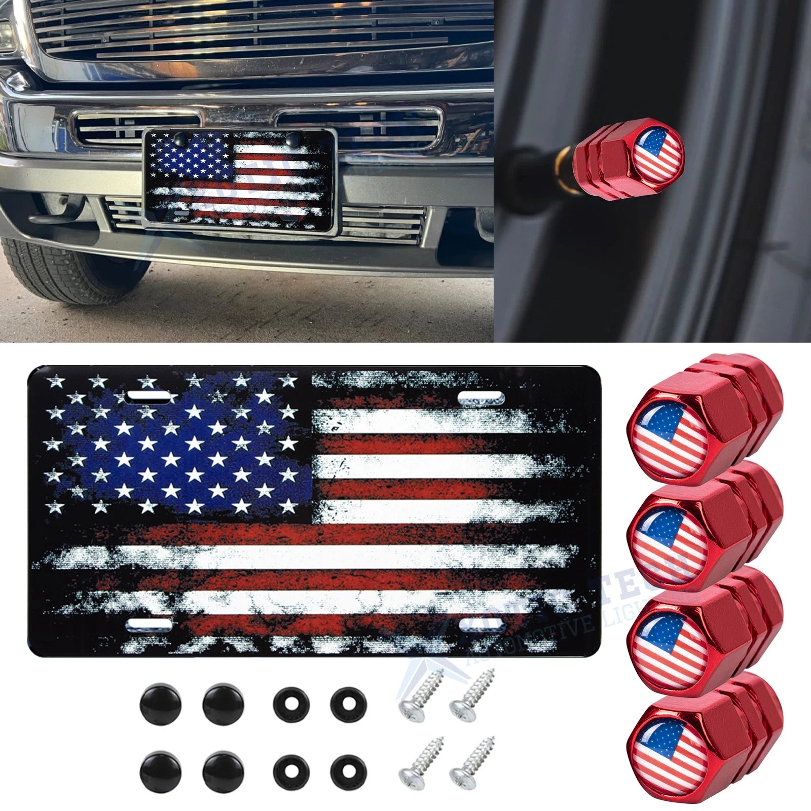 Distressed American Flag Front License Plate Valve Stem Cap Cover Universal Red for Universal (2010–2025)