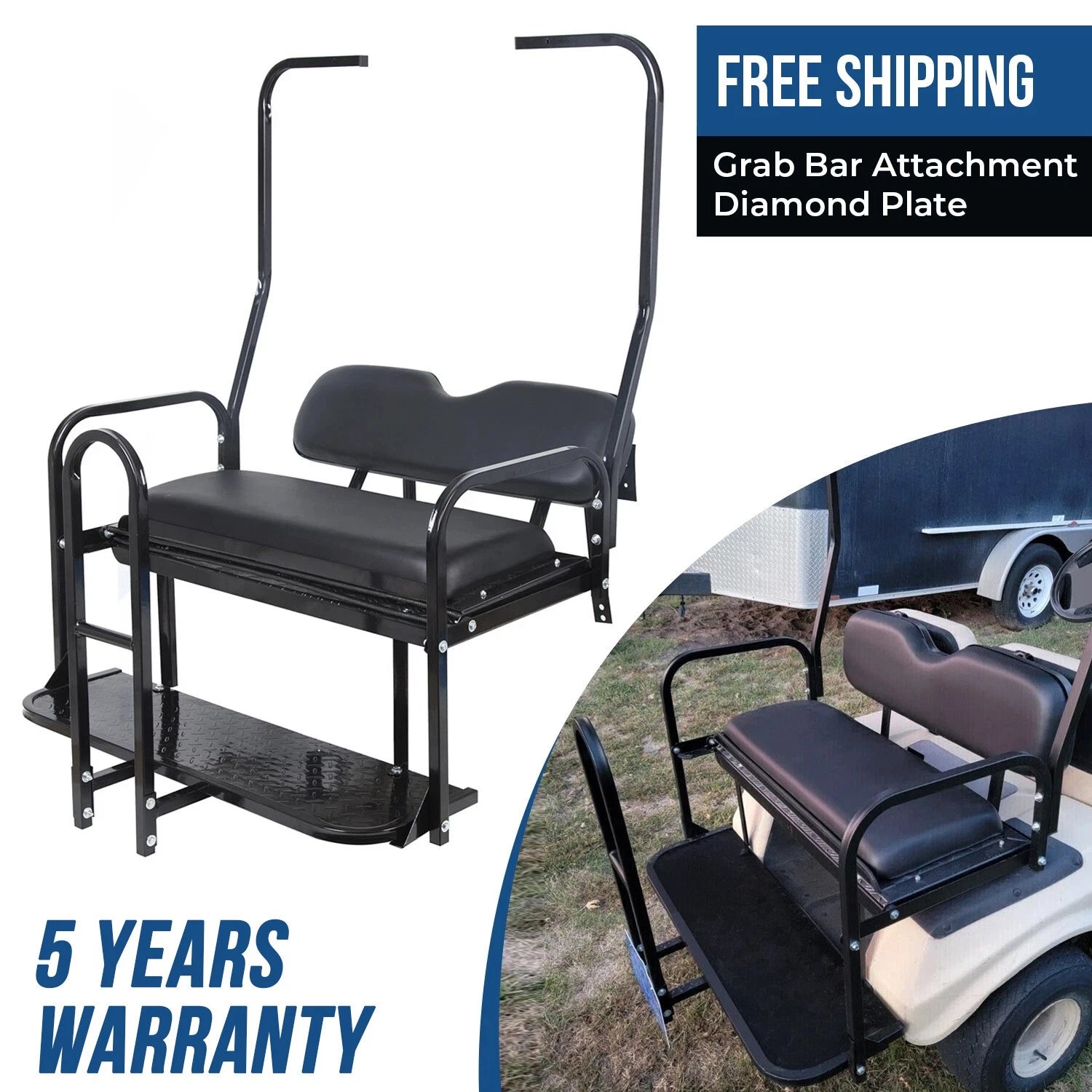 Rear Flip Seat Kit for Club Car DS Golf Cart (1982–2000) - Black w/ Grab Bar
