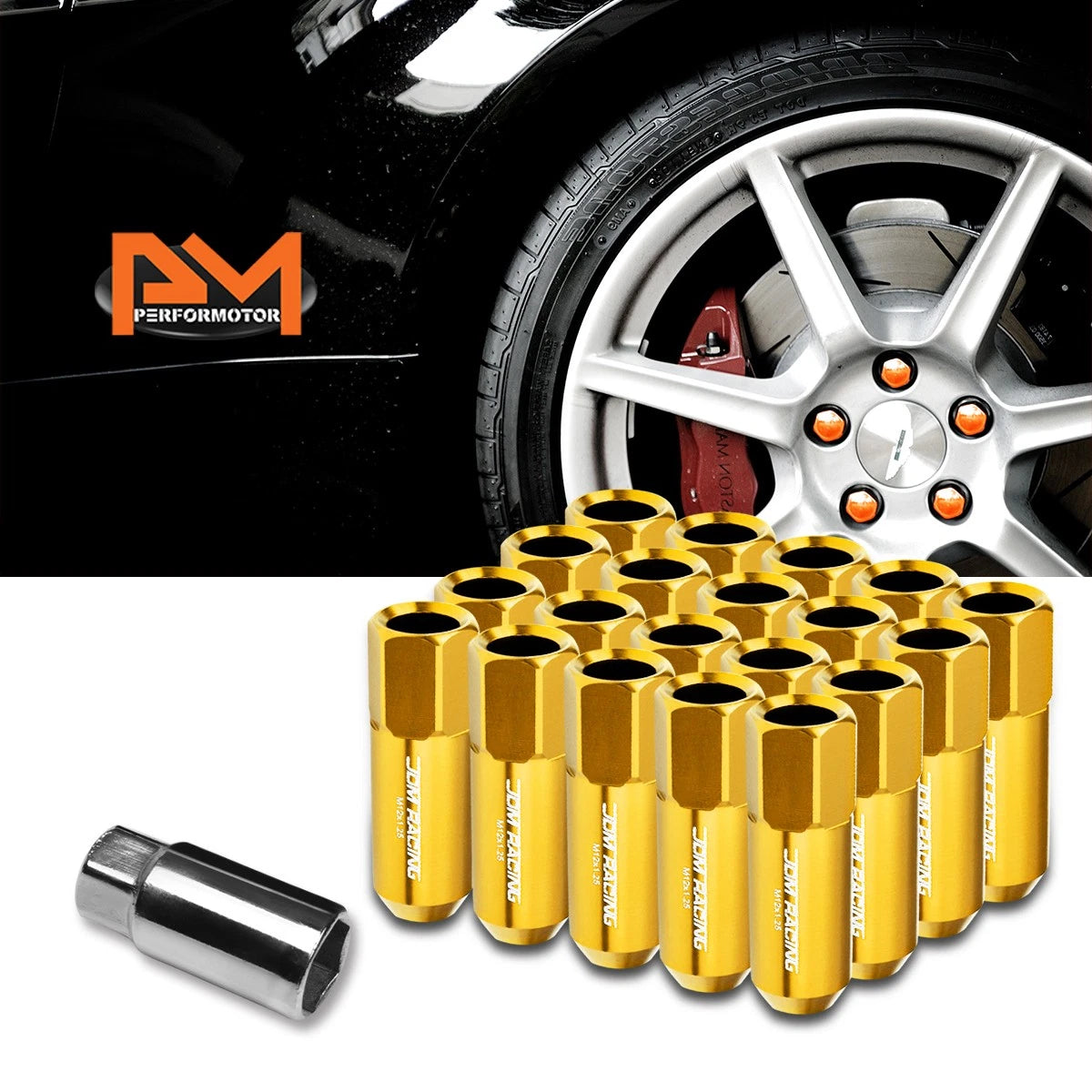 20Pc M12X1.25 Gold JDM Open-End Acorn Hex Wheel Lug Nut + Extension 25mmx60mm