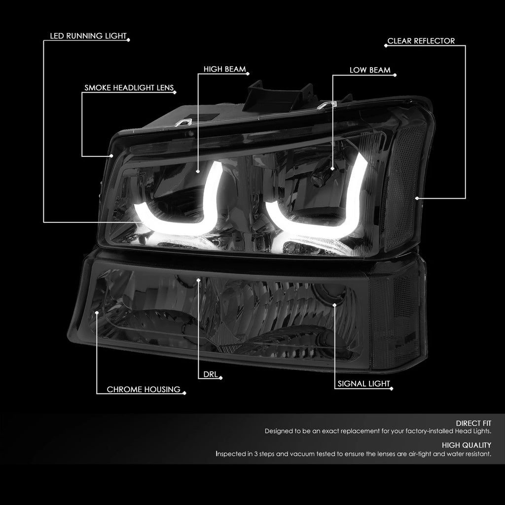 Smoked Clear J-Halo LED DRL Headlights w/ Bumper Lamps for Chevy Silverado (2003–2007)