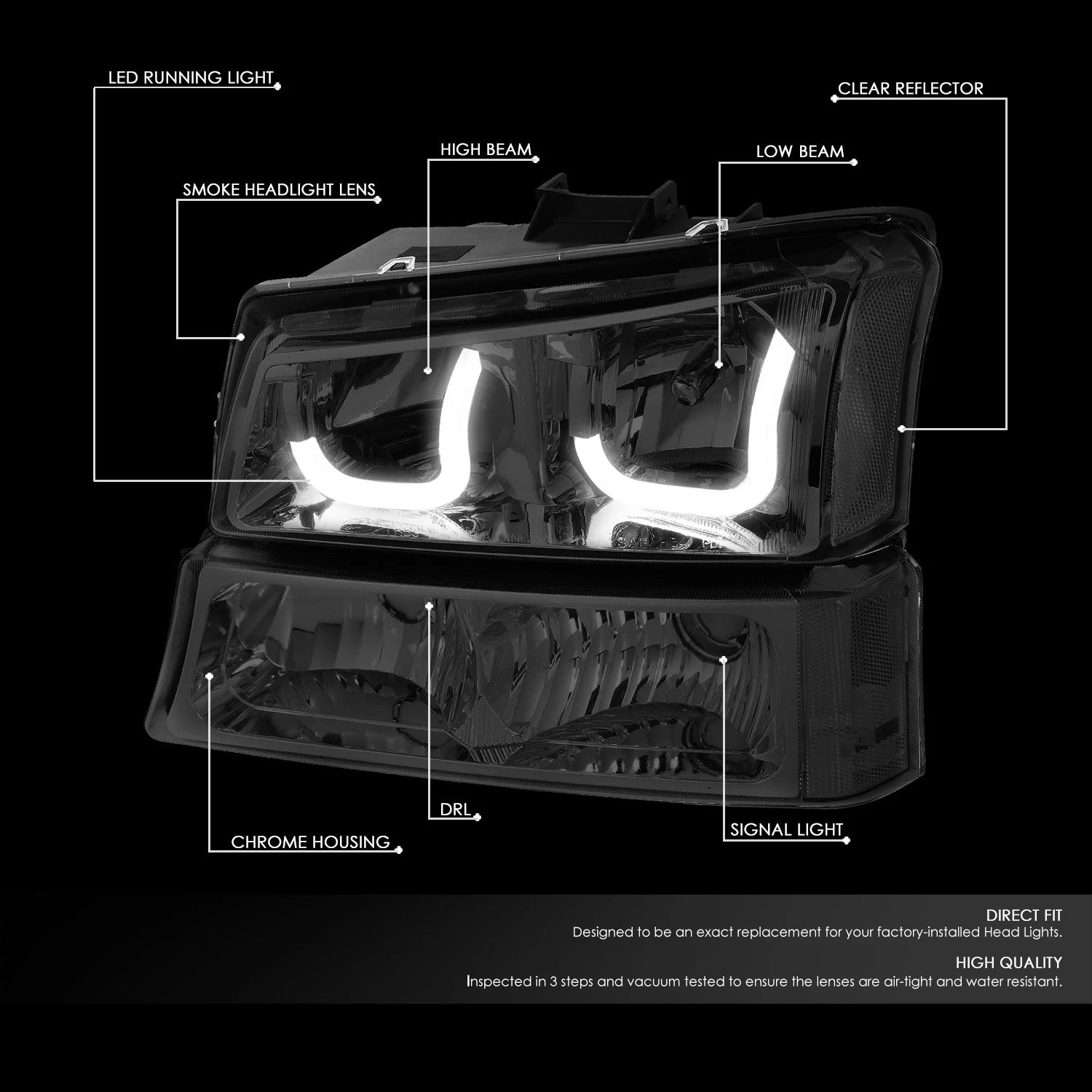 Smoked Clear J-Halo LED DRL Headlights w/ Bumper Lamps for Chevy Silverado (2003–2007)
