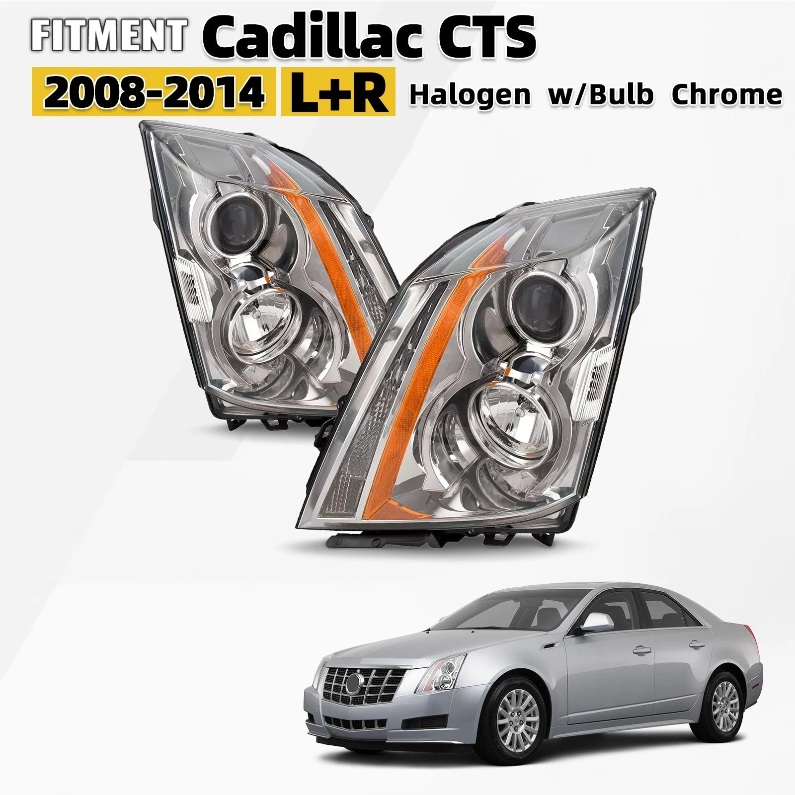 Halogen Headlight Set for Cadillac CTS (2008–2014) w/Bulb Chrome Left+Right