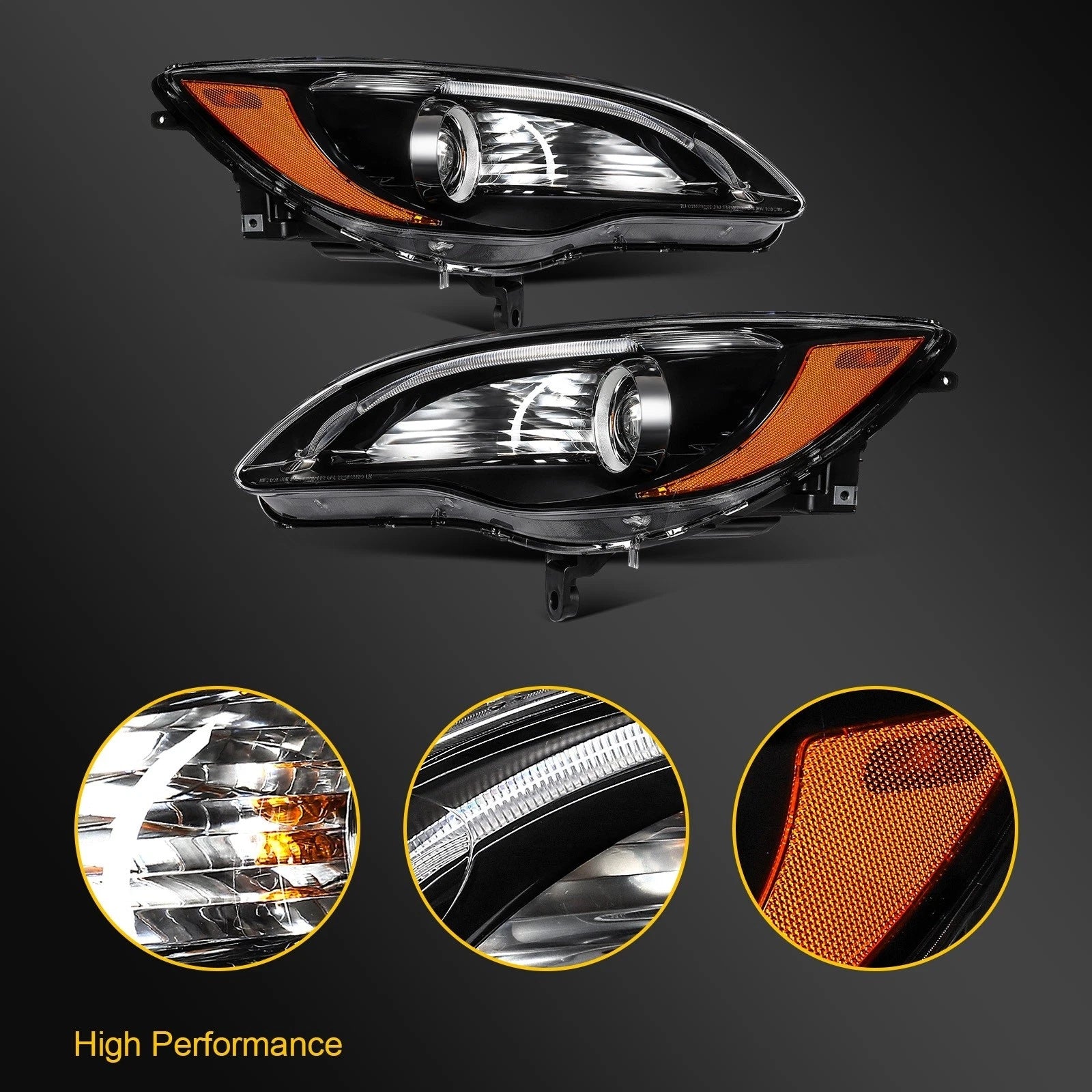 2Pcs Pair Front Headlight for Chrysler 200 (2011–2014) Black Projector