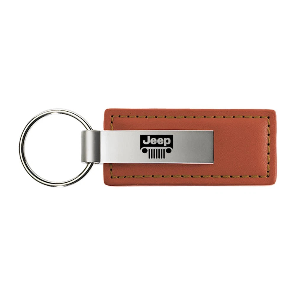 Grille Logo on Brown Leather Keychain - Officially Licensed for Jeep