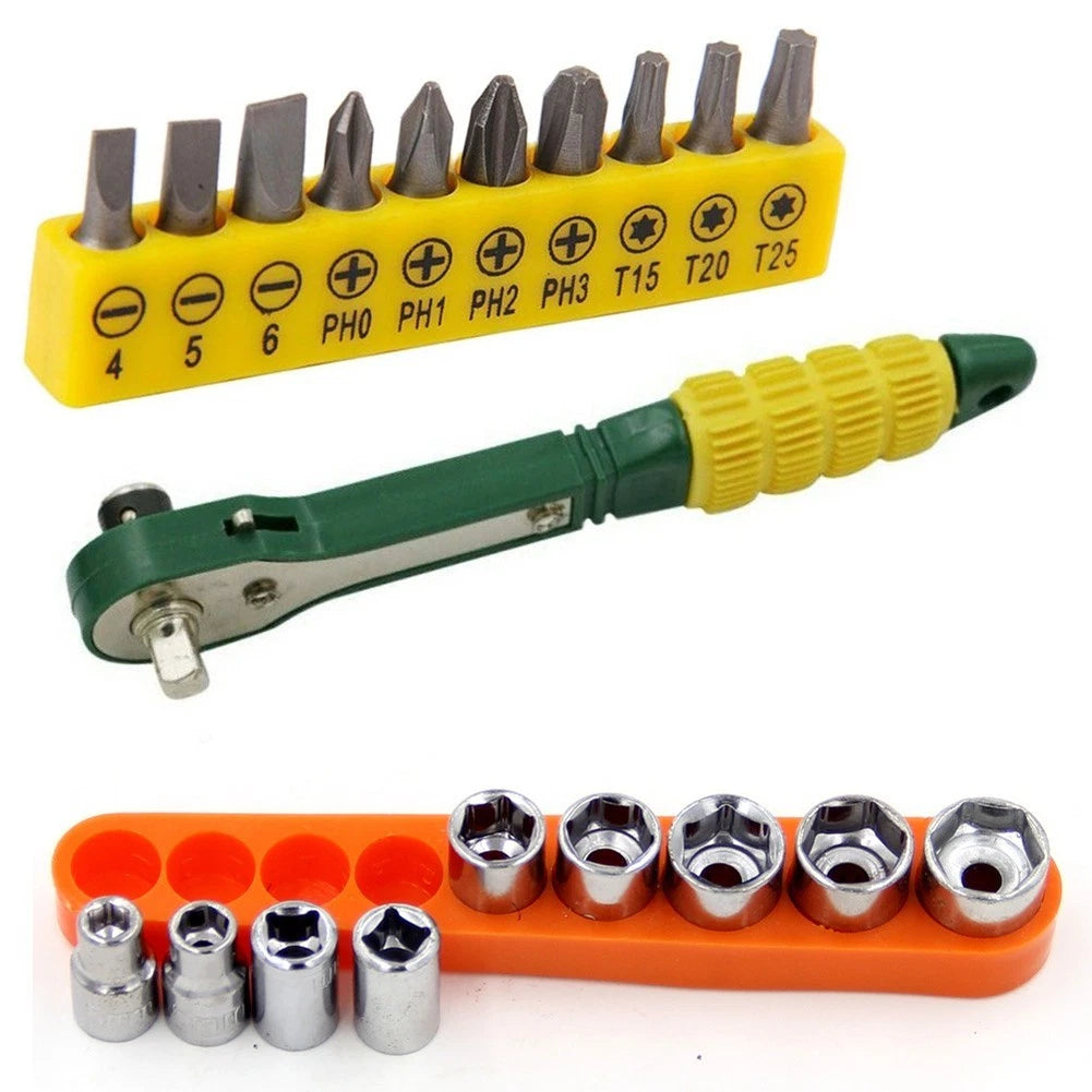 Handheld Ratchet Wrench with 14-Inch Driver and Socket Set for Automotive