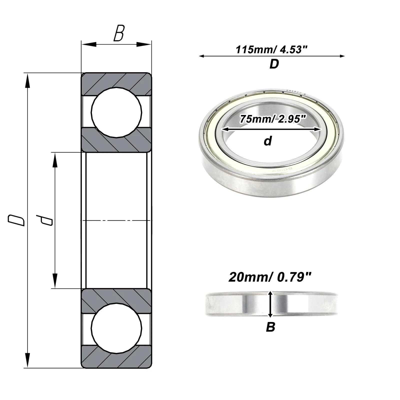 Deep Groove Ball Bearing 75x115x20mm for Scooter Skateboard (6015ZZ)